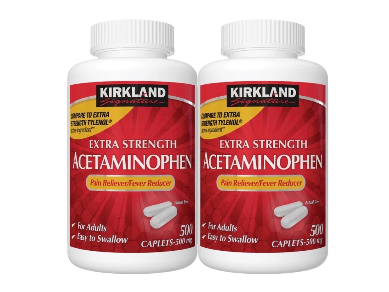 Two bottles of Kirkland Signature Extra Strength Acetaminophen, each with 500 caplets (500 mg), labeled as pain reliever and fever reducer for adults. Look for Costco deals for seniors on this red and white packaged product.