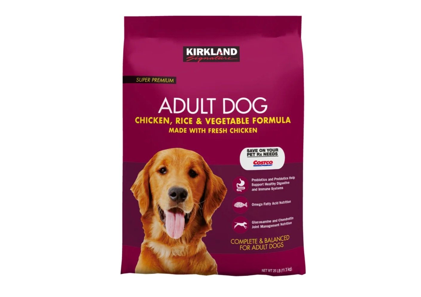 A bag of Kirkland Signature Adult Dog Chicken, Rice & Vegetable Formula dog food, featuring a smiling golden retriever and product details on a maroon background—perfect for those seeking Costco deals for seniors.