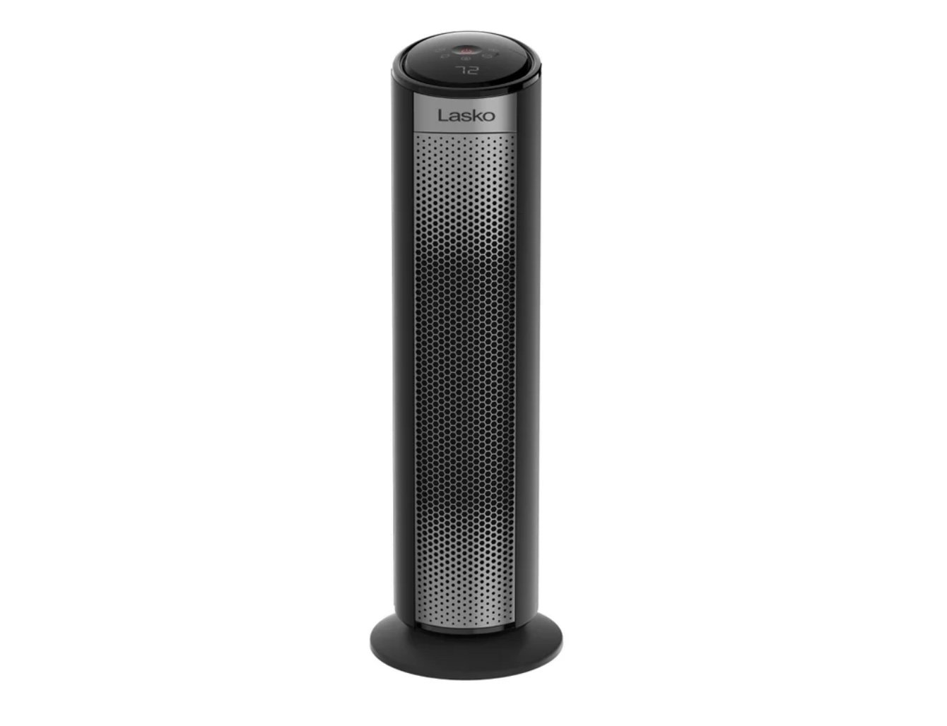 A tall, slim, black and silver Lasko tower fan with a circular base and a digital display on top. The front panel features a mesh grille for airflow—ideal for those seeking Costco deals for seniors.