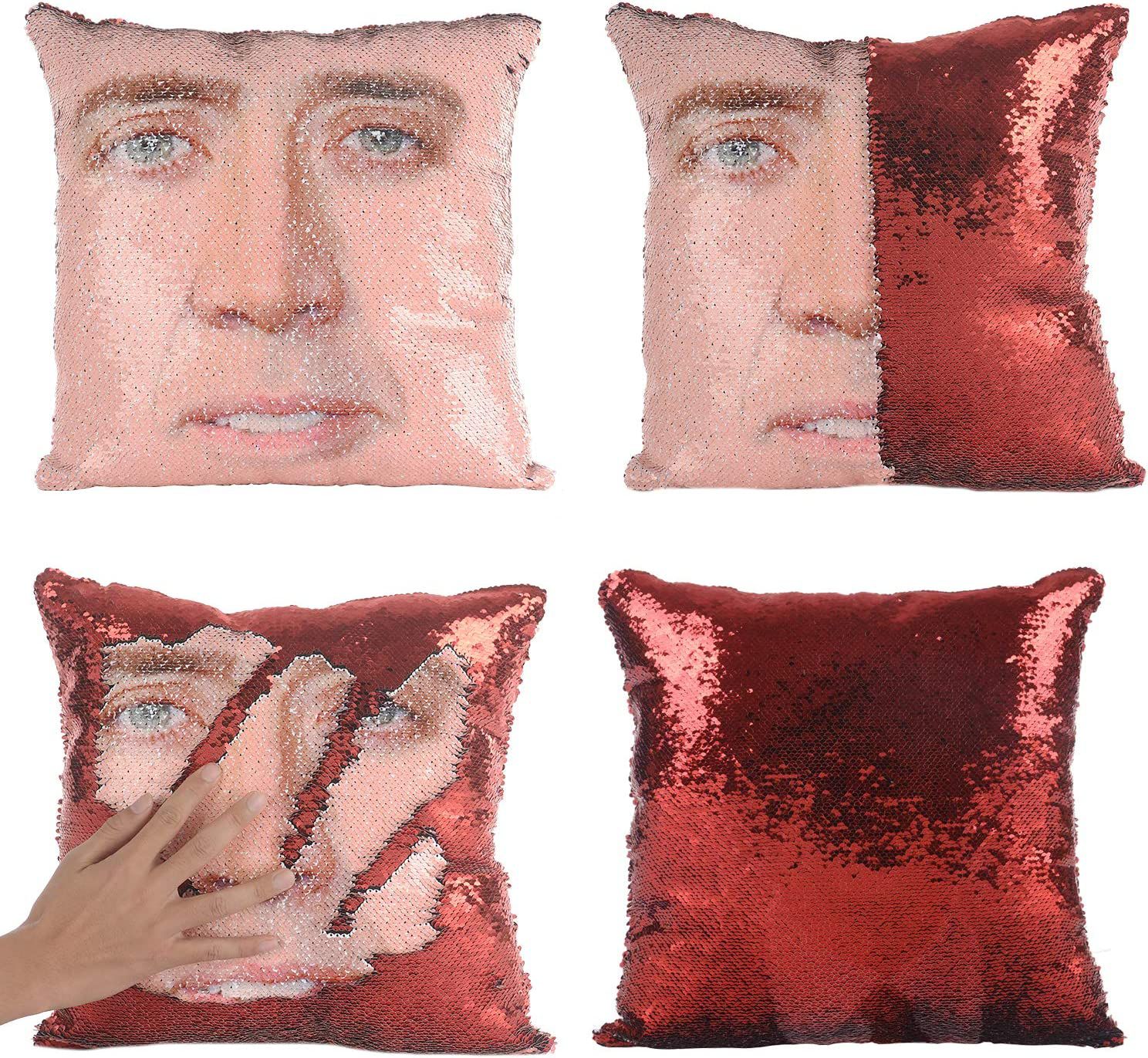 Merrycolor Nicolas Cage Sequin Pillow Cover, Red