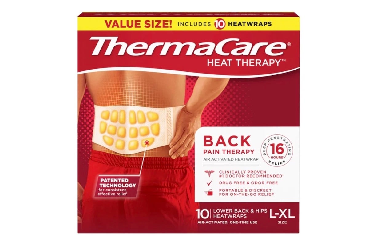 A box of ThermaCare Heat Therapy for back pain, size L-XL, with 10 wraps that offer up to 16 hours of relief using patented technology—perfect for those seeking Costco deals for seniors. Image shows heat wraps applied to the lower back.