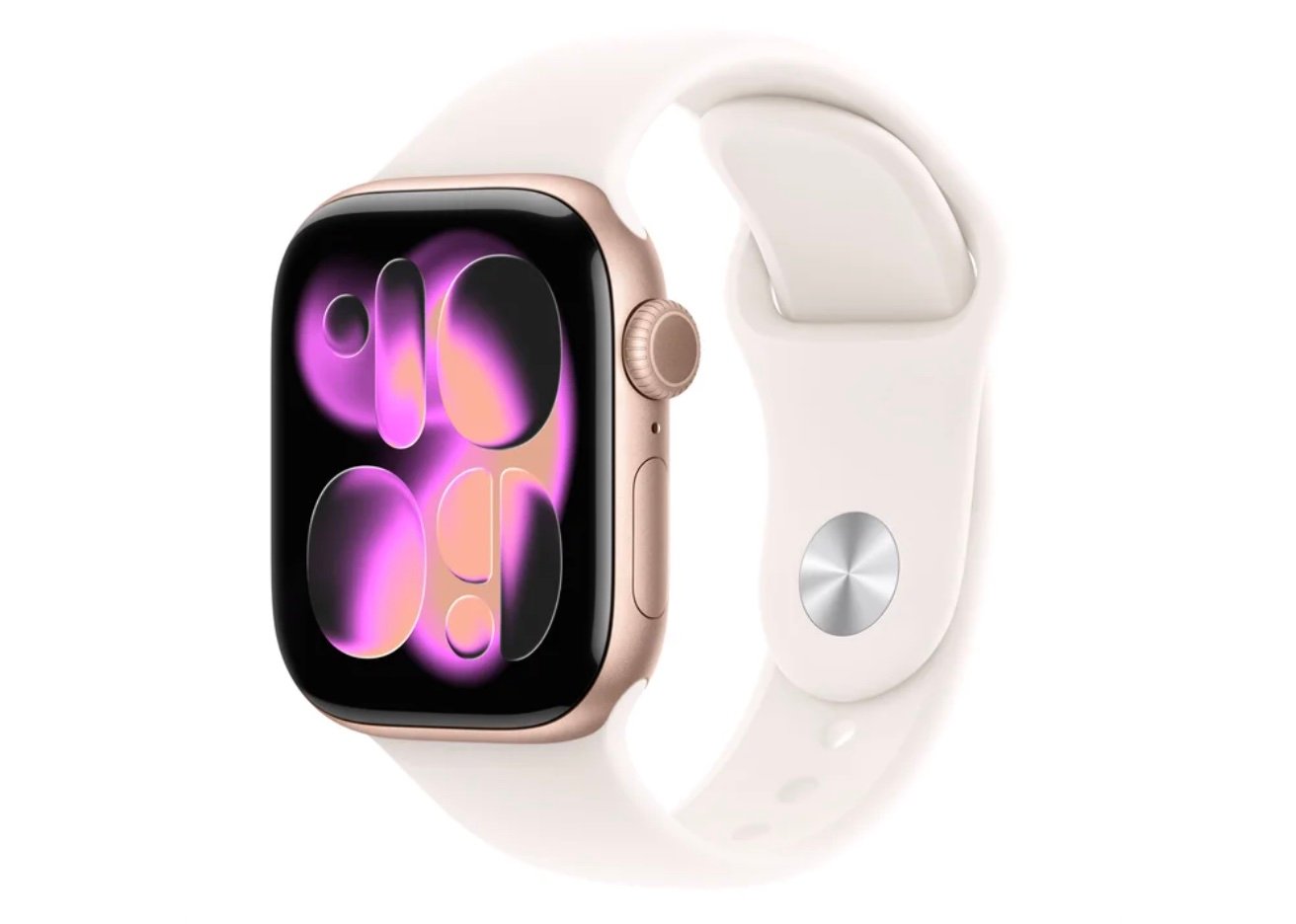 A gold Apple Watch with a white band displays a colorful abstract design with pink and purple bubbles on its screen, shown on a white background—perfect for those looking to pair tech style with Costco deals for seniors.