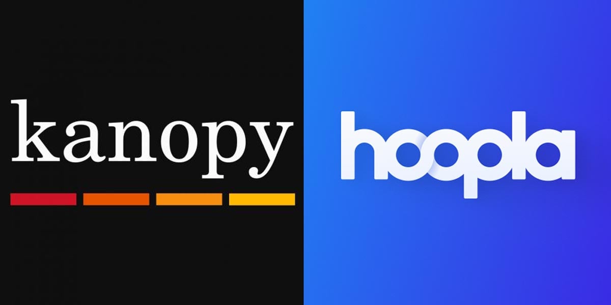 Split image with the Kanopy logo on a black background (left) and the Hoopla logo on a blue gradient background (right), highlighting both as popular free streaming services. Kanopy’s logo features orange bars beneath the text.