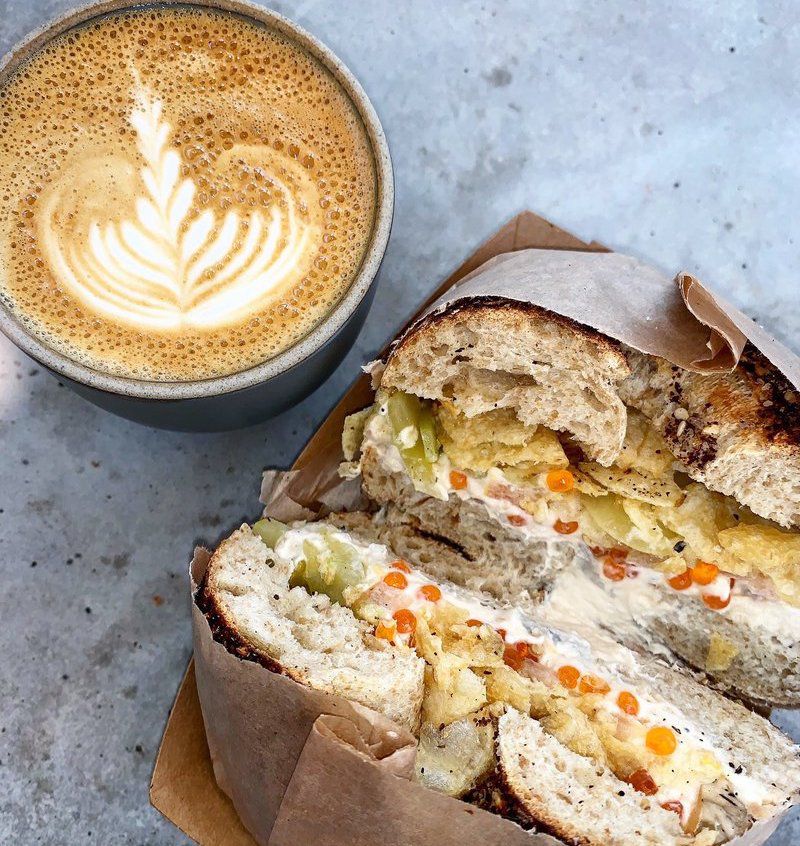 Benchwarmers Bagels bagel and latte