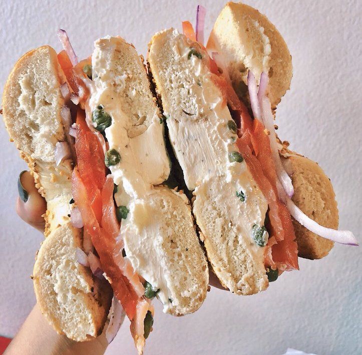 Wholy Bagel cut in half showing inside of bagel
