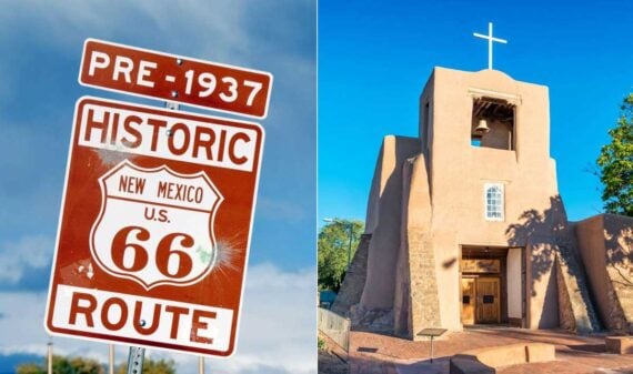 Split image: On the left, a red and white "Pre-1937 Historic Route 66 New Mexico" road sign nods to Route 66 history; on the right, an adobe church with a bell tower and cross stands under a bright blue sky.