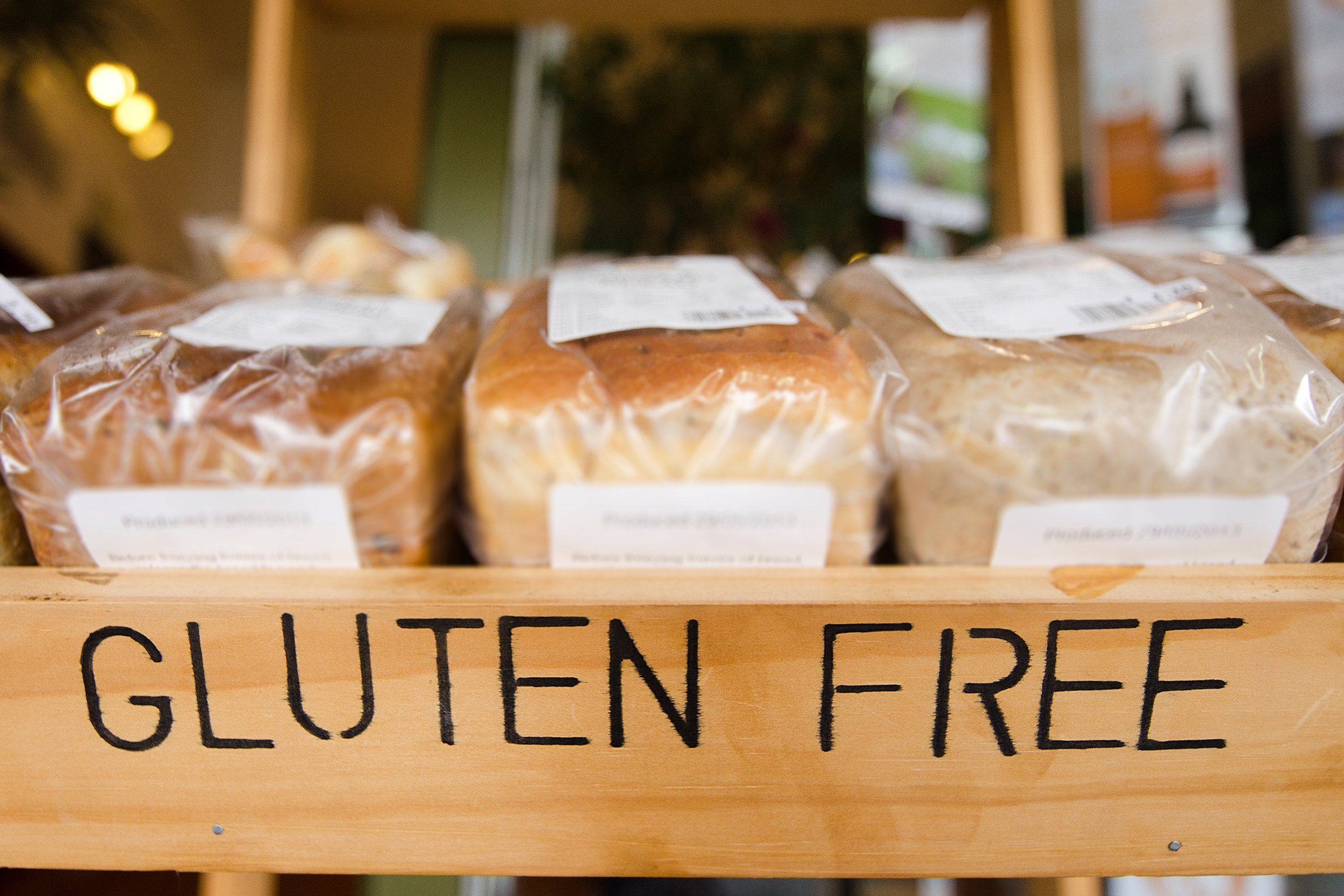 gluten Free loaf of breads on display in a health food shop