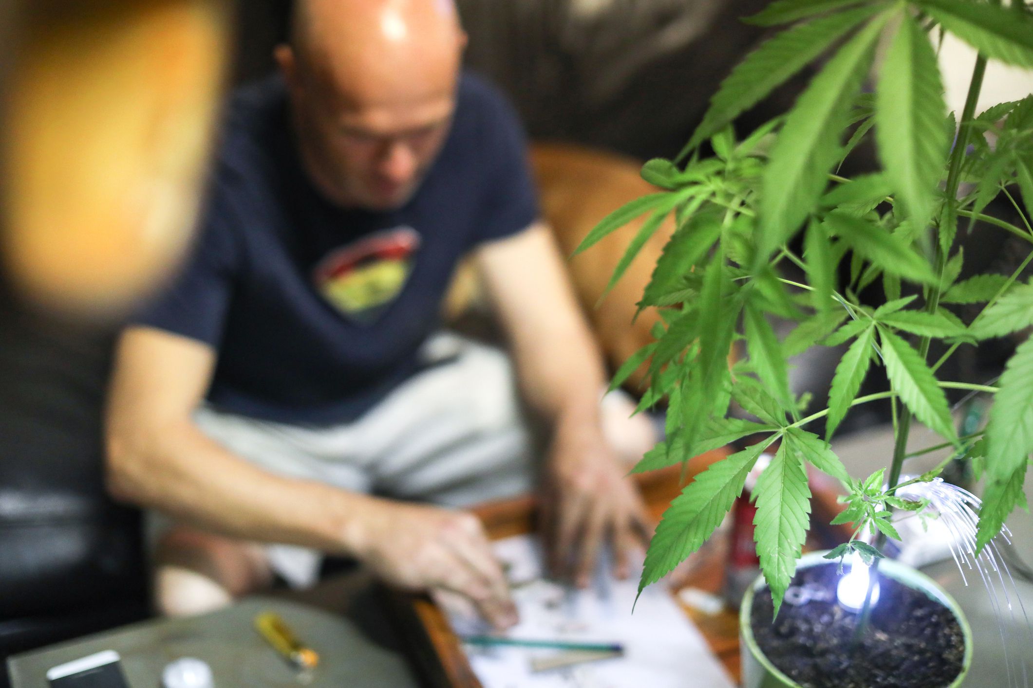 middle-aged man rolling a joint
