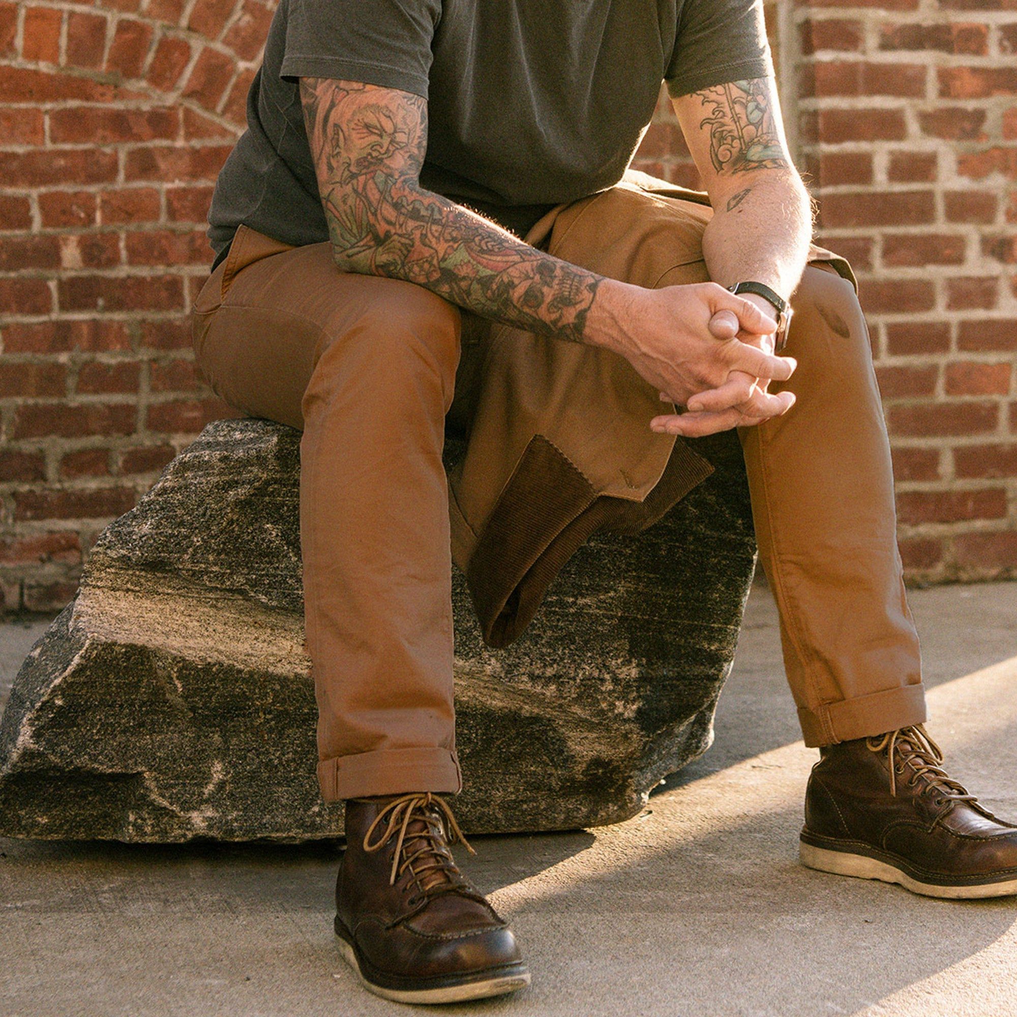 Model wearing Foundation Canvas Pant in Barley by Grown & Sewn