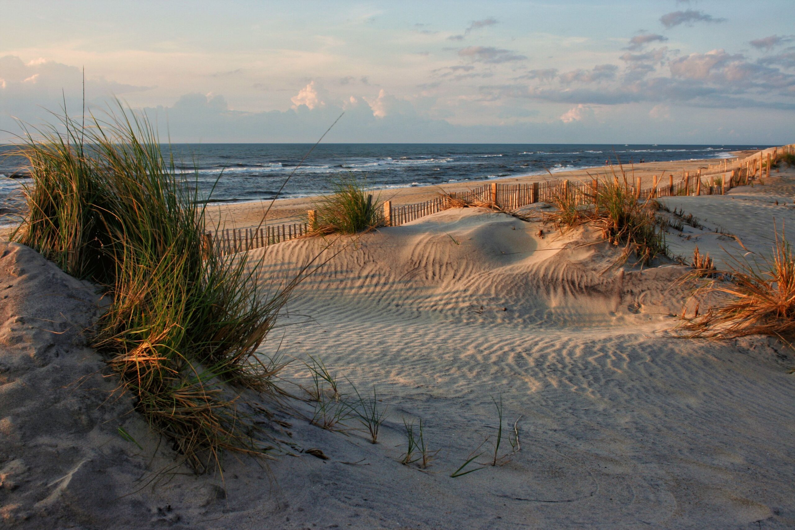 Hatteras National Seashore, Nags Head, North Carolina, sand dunes in the foreground, beach and ocean in the background, a light blue sky with clouds