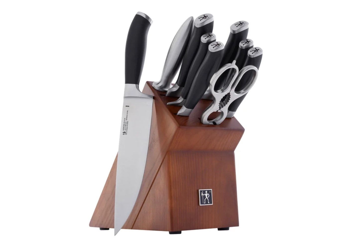 A wooden knife block set, featuring six knives with black and silver handles and kitchen shears, is neatly arranged on a white background—one of the best Costco finds for any home chef.