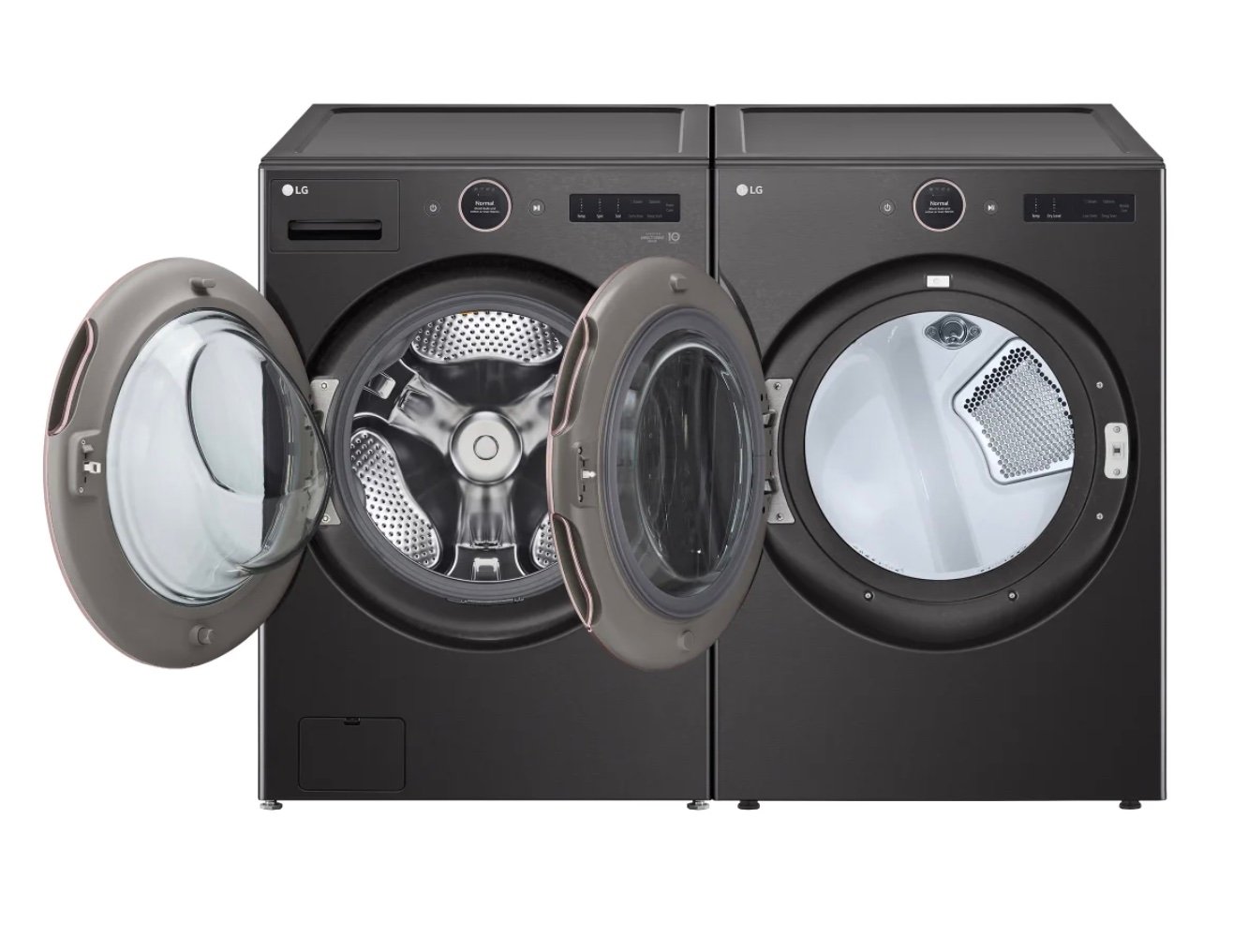 Two modern front-loading LG laundry machines side by side, both with doors open—one washer and one dryer—highlighting the metal drum and lint filter. These are among the best Costco finds for upgrading your laundry room.