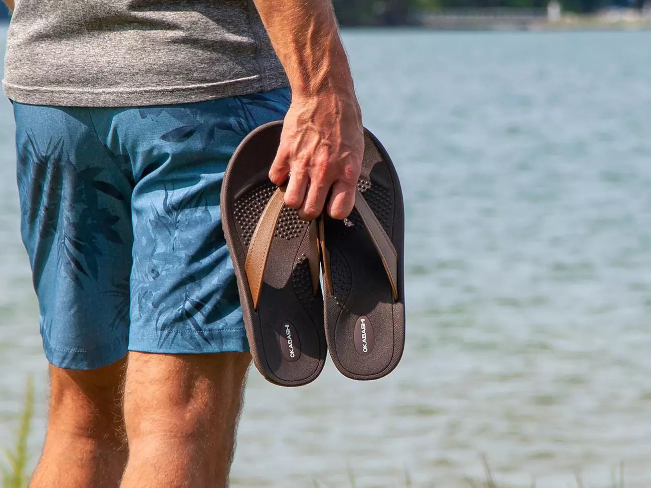 Backside of t-shirt and shorts wearing man holding a pair of Okabashi Sandals with lake in background