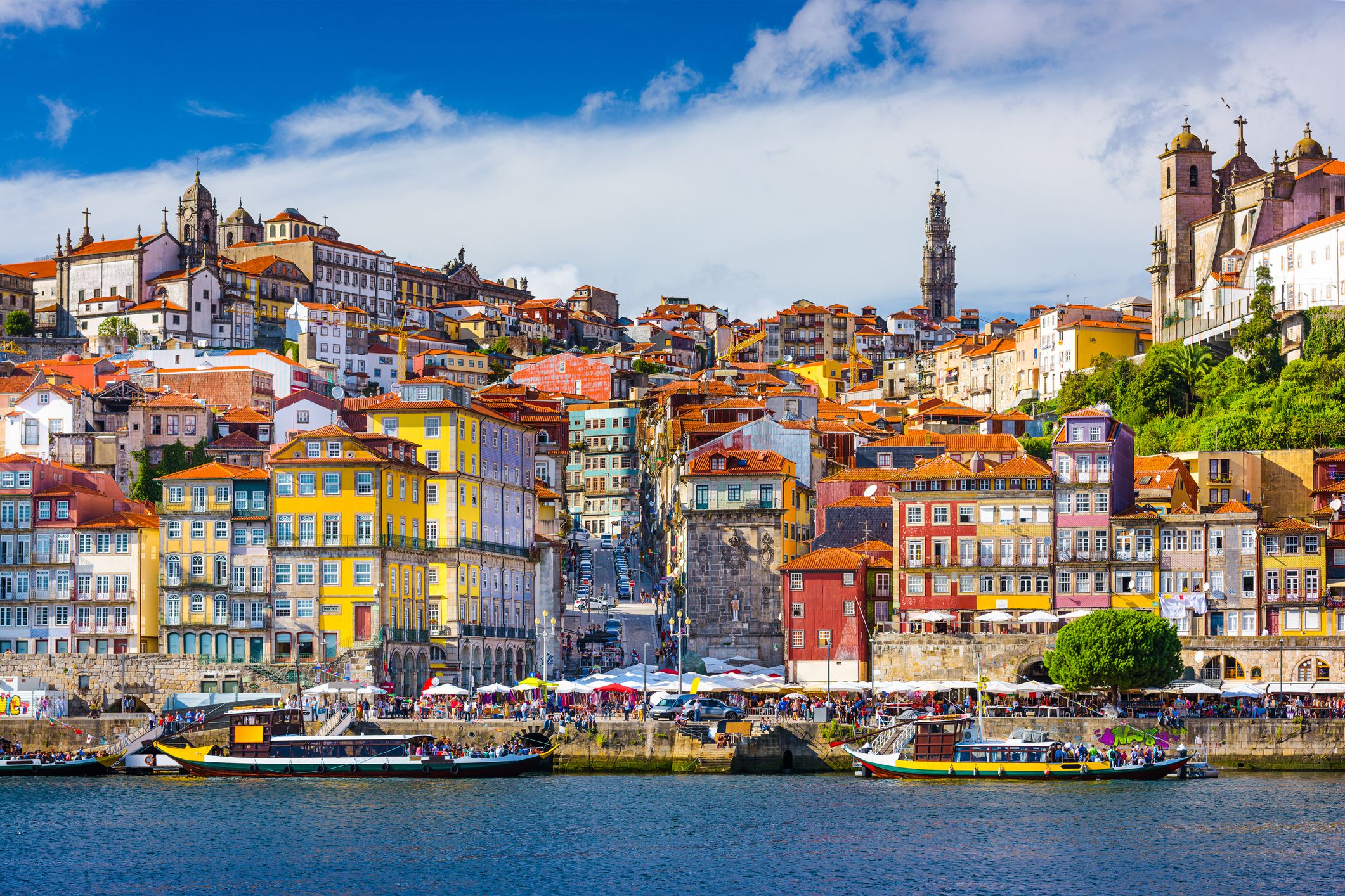 Old Town, Porto, Portugal from across the Douro River, on a bright sunny summer day