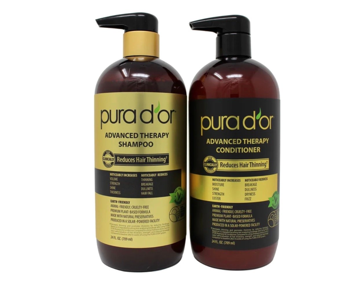 Two bottles of Pura D’or Advanced Therapy hair products—one shampoo, one conditioner—feature black pumps and elegant gold labels. These best Costco finds help reduce hair thinning and are made with natural ingredients.