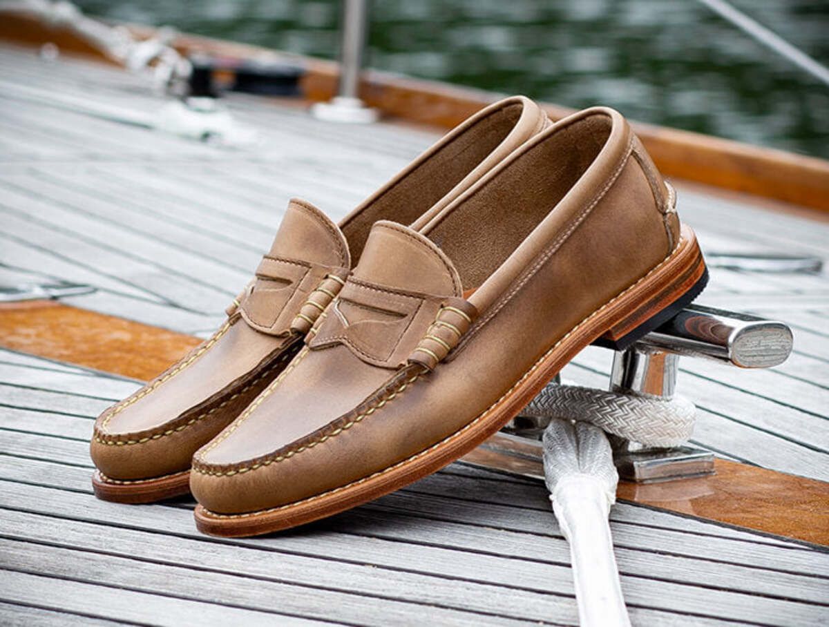 Rancourt & Co. Pinch Penny Loafers Natural on yacht sitting area