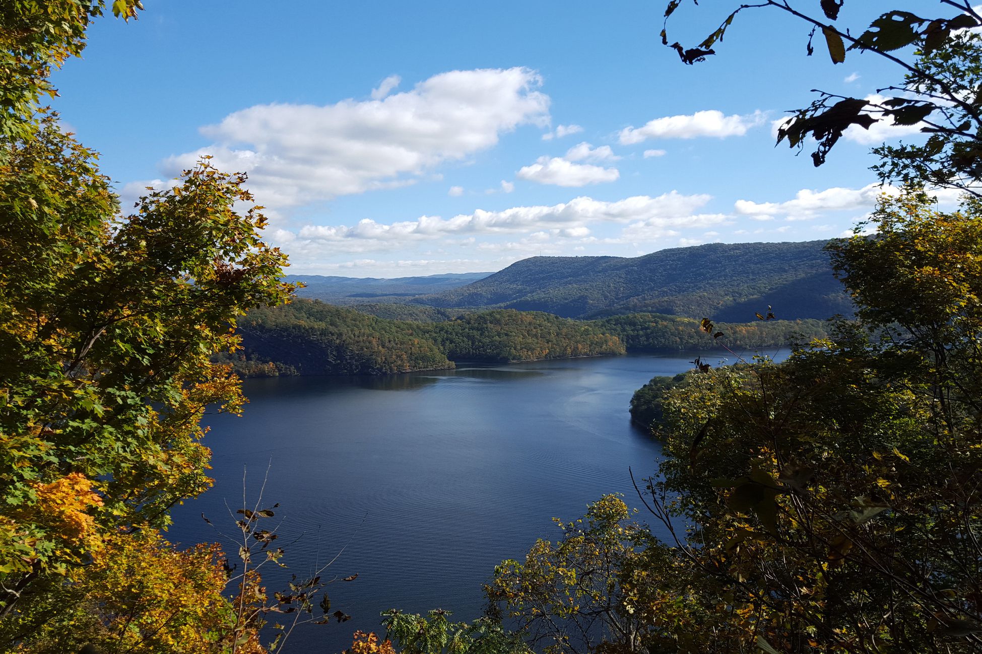Raystown Lake, Pennsylvania, as seen from a hill, surrounded by hills of trees with light fall coloring, on a sunny day during early autumn