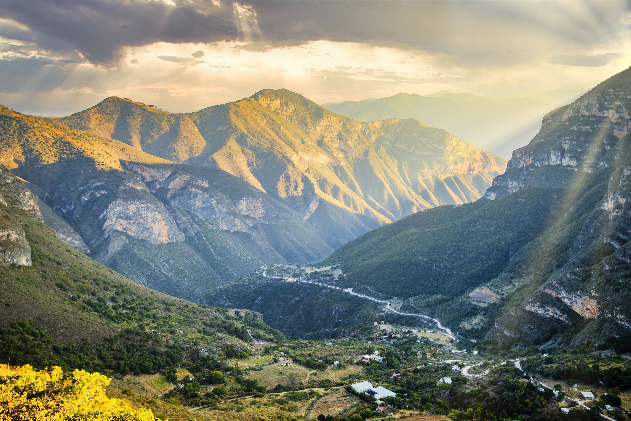 Sierra Gorda Queretaro, Mexico, glorious sunlight shining onto the mountains with town below
