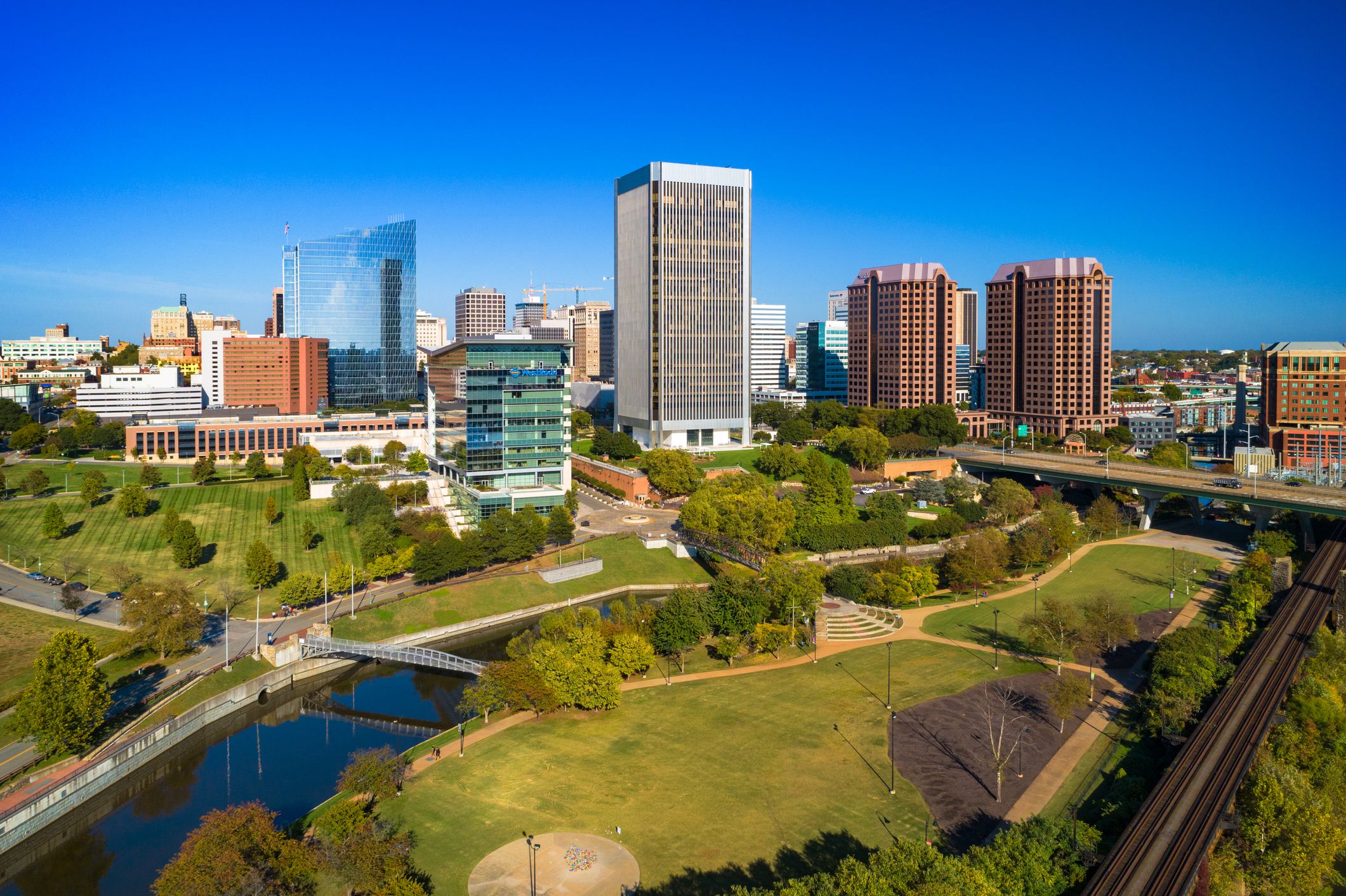 Downtown Richmond Skyline with Brown Island Park (including River) in the foreground.