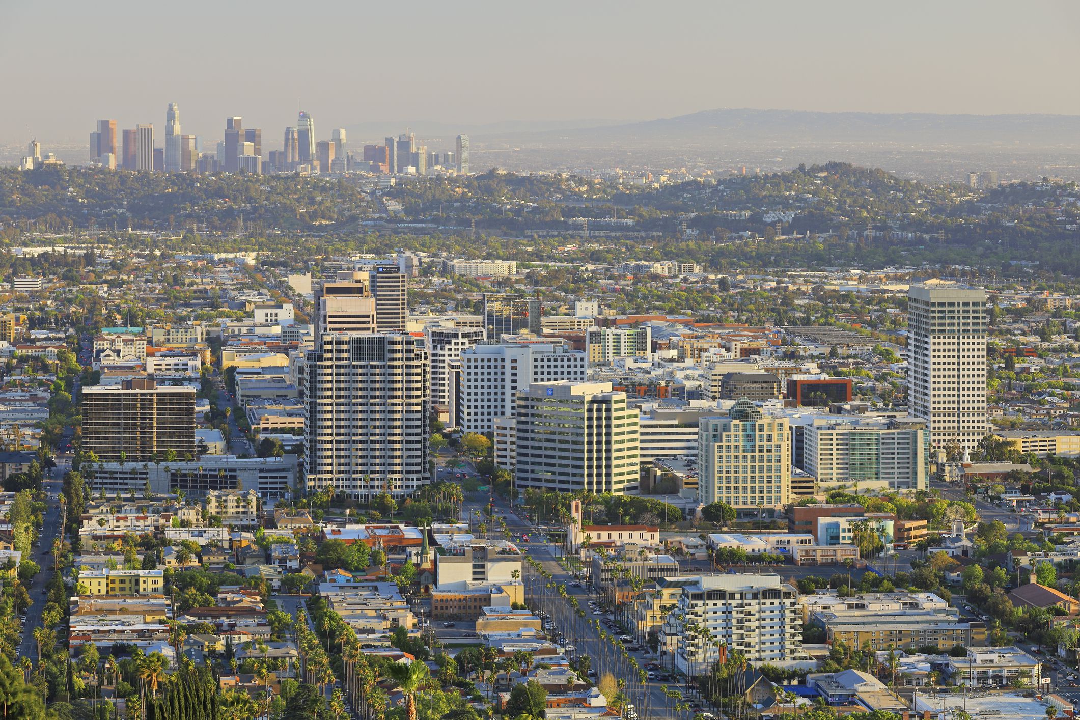 High angle day time view of the skyline of the City of Glendale, California. The fourth largest city in Los Angeles County with a population of 200,000 - Glendale is located about 10 miles north of downtown Los Angeles.