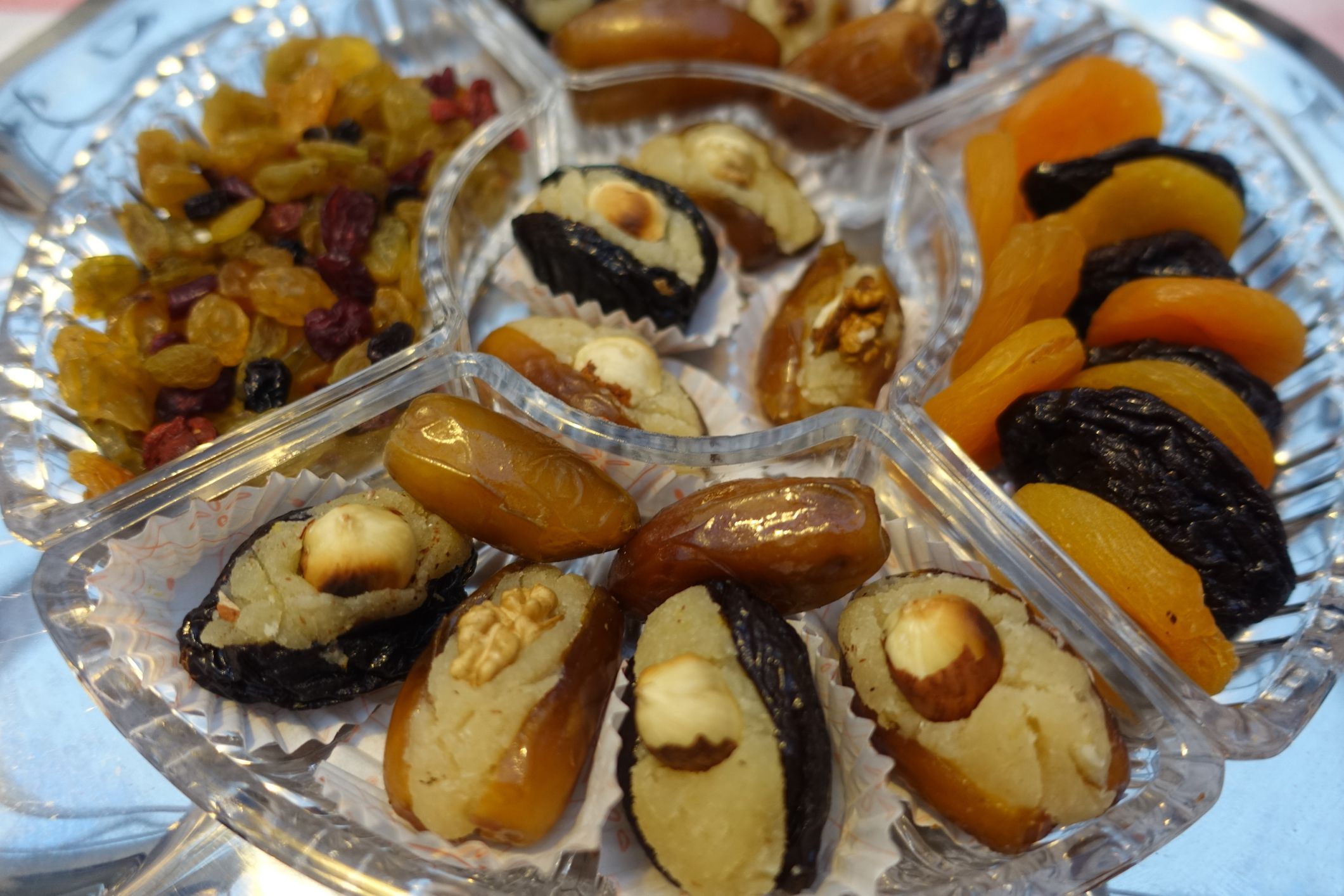 Dates and prunes stuffed with almond paste Raisins Nuts Dessert buffet