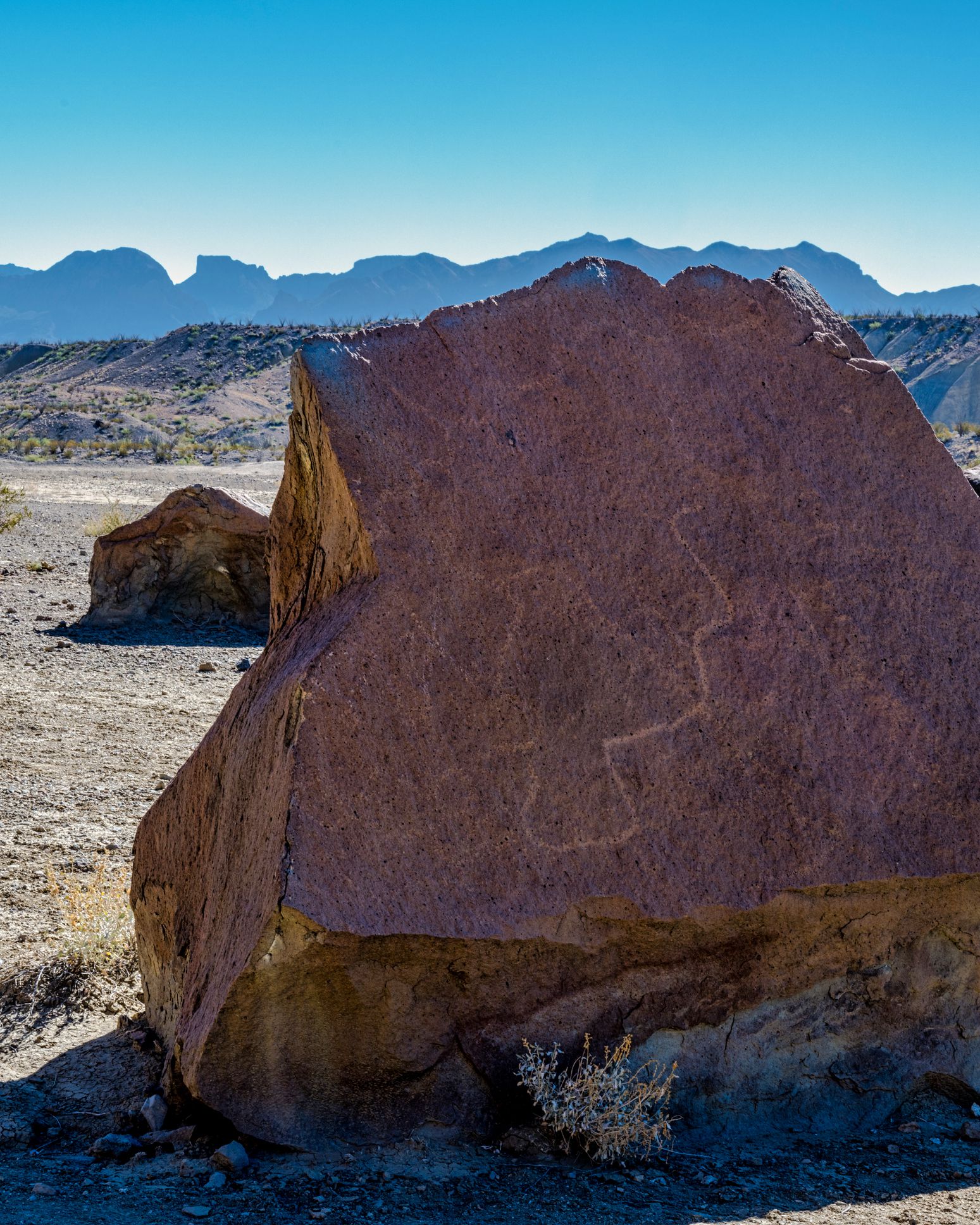 Petroglyph with the Chisos Mountains in the background. Big Bend National Park, Texas