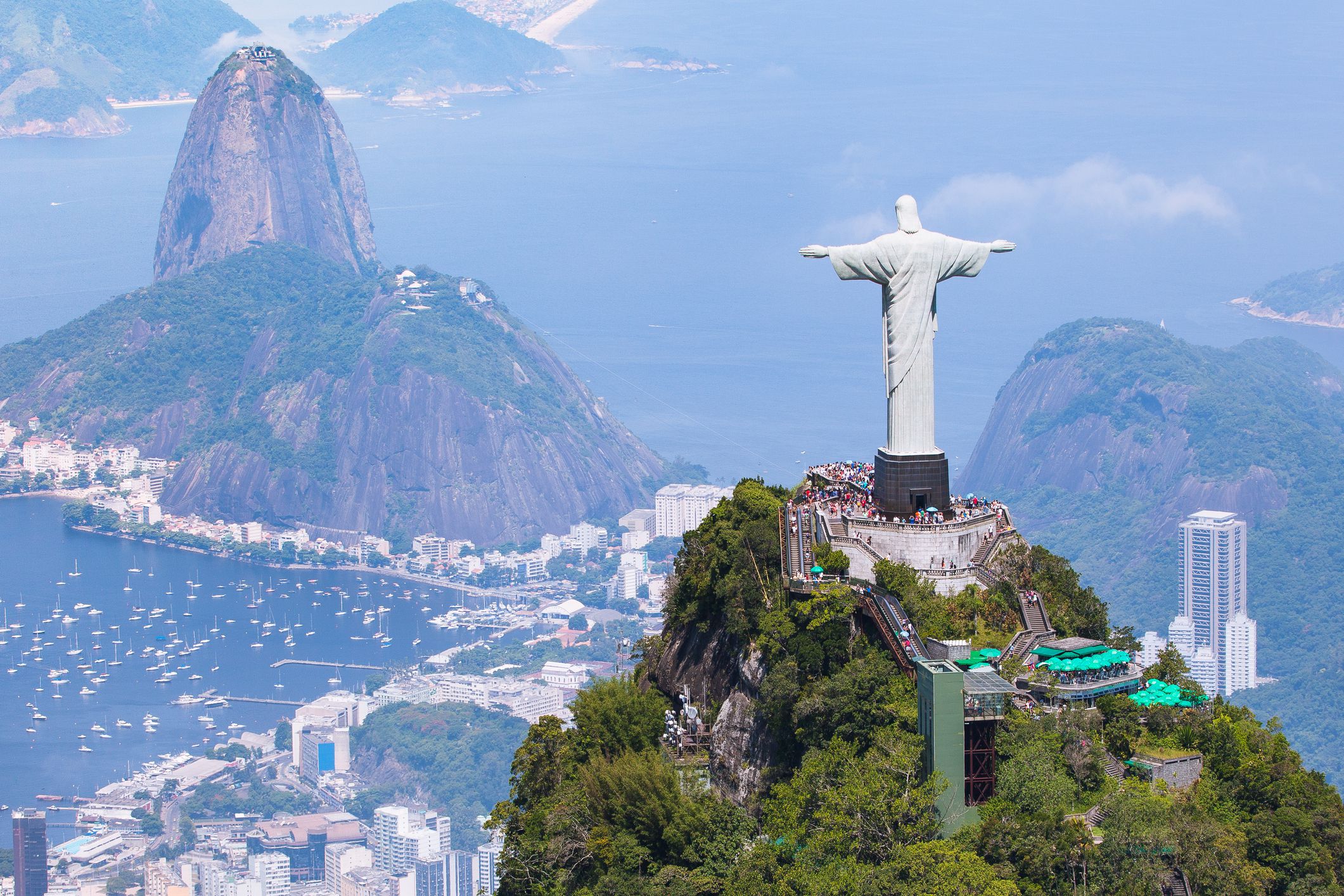 Rio de Janeiro, Brazil - December 28, 2013: Aerial view from a helicopter of Rio de Janeiro with the Corcovado mountain and the statue of Christ the Redeemer with Sugarloaf mountain in the background.
