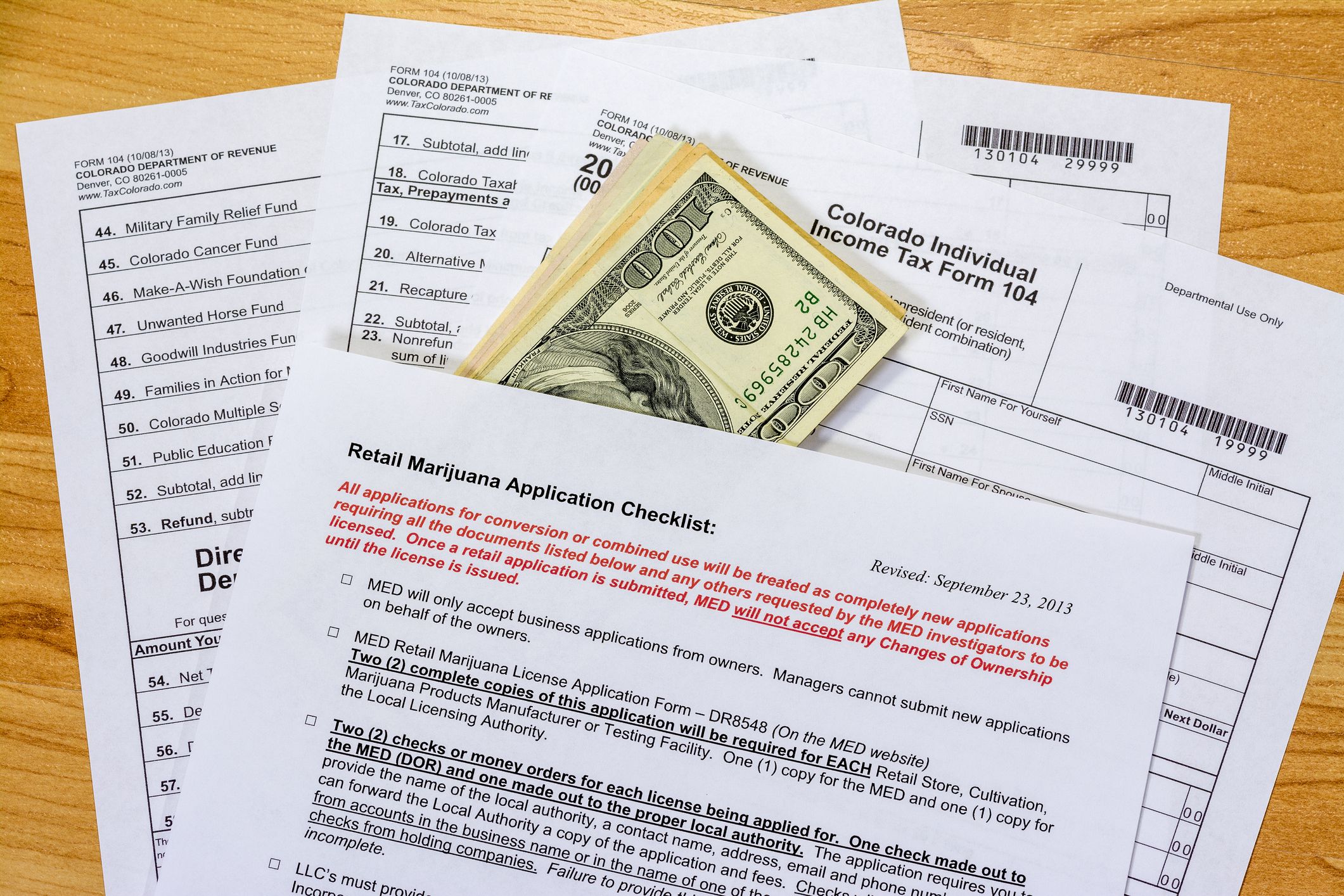retail mairjuana application checklist, tax forms on wooden surface