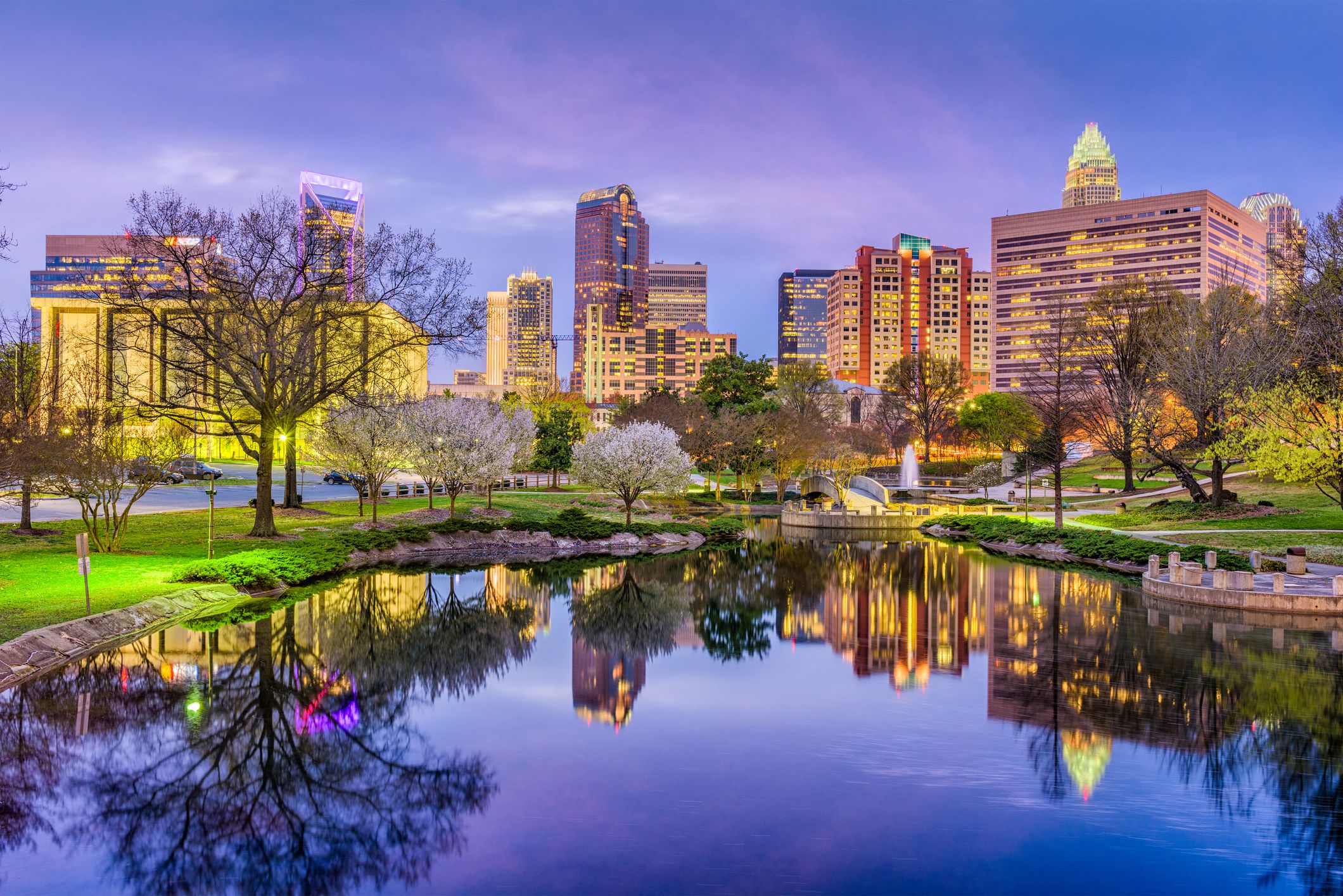 Charlotte, North Carolina, USA uptown park and skyline.