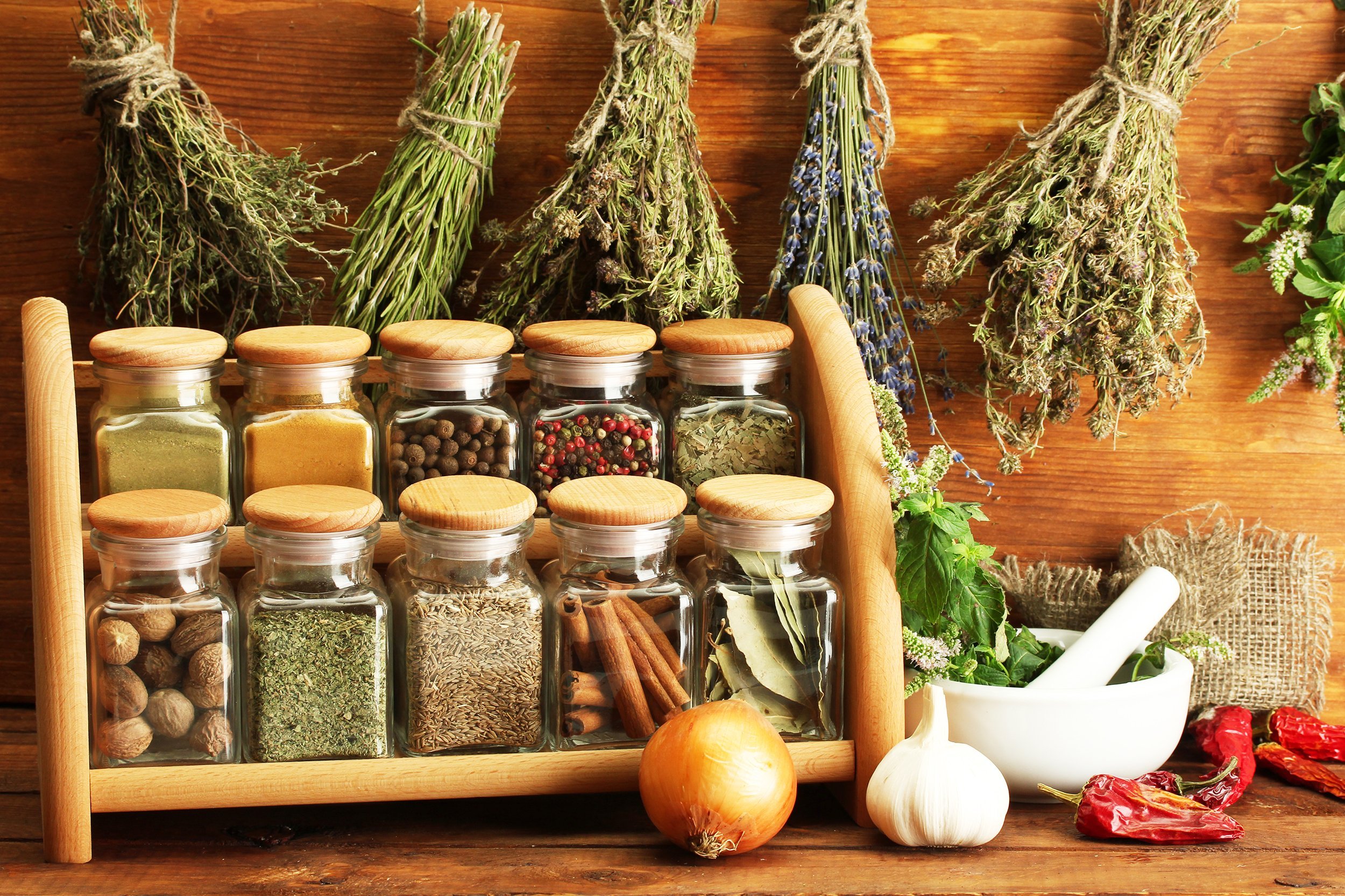 dried herbs, spices and and pepper