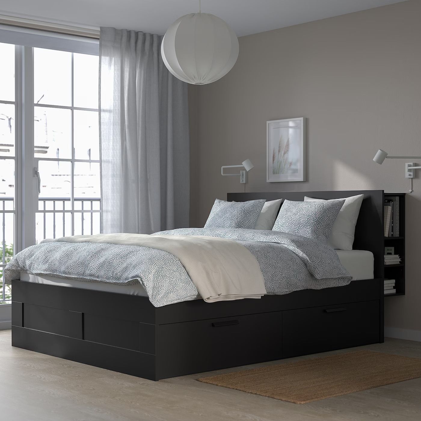 BRIMNES Bed Frame with Storage & Headboard, Black/Luröy, Queen