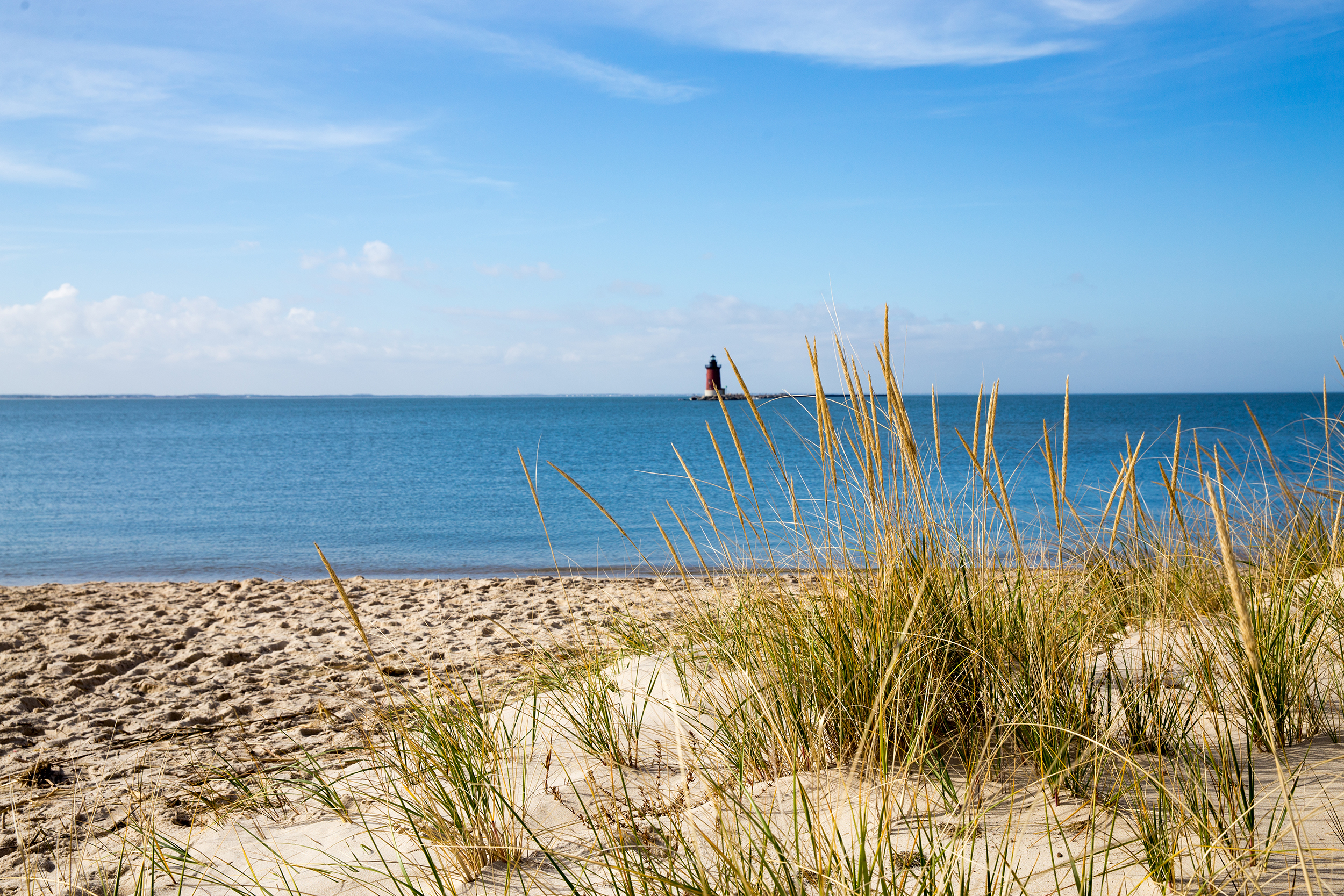 Cape Henlopen Lighthouse as seen from beach of Lewes, Delaware, beach grass in the foreground, sand and ocean during a sunny day