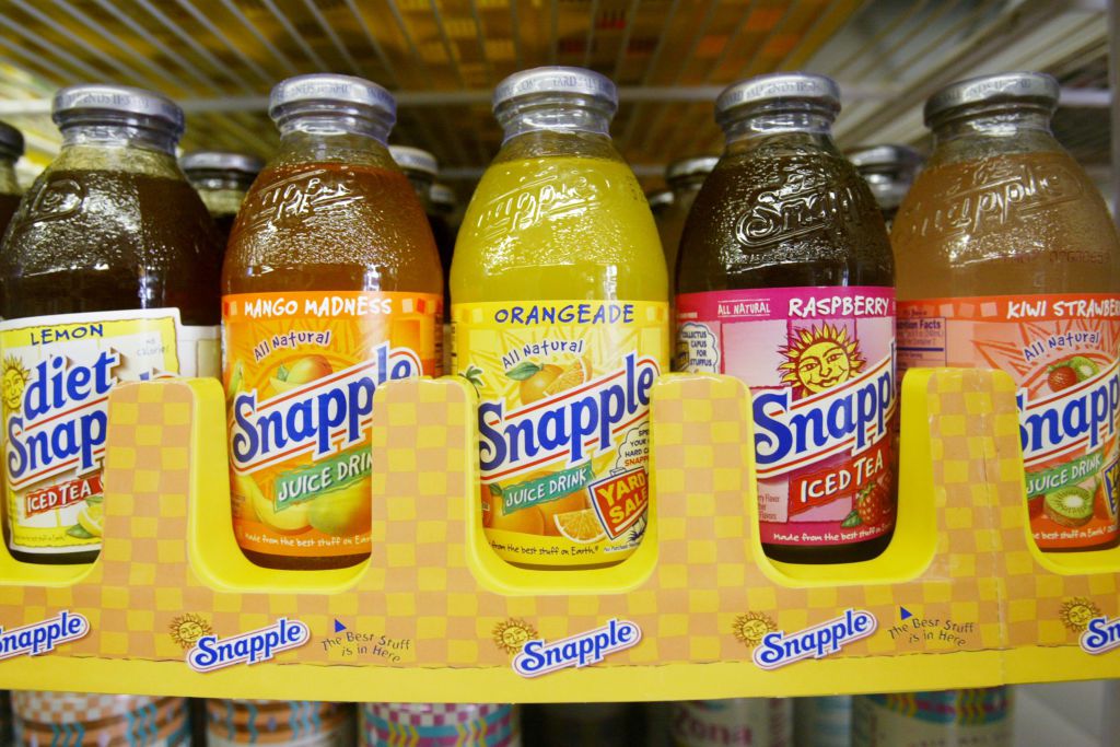 Bottles of Snapple are seen for sale September 10, 2003 in New York City. Snapple beverages will pay New York City $106 million for exclusive rights to sell their bottled water and fruit juices in vending machines on all city property.
