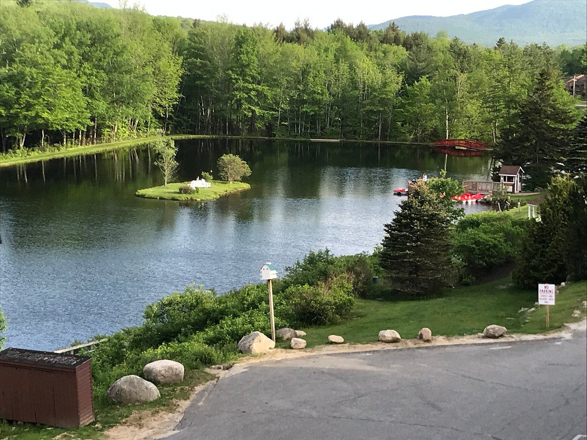 Lake in front of forest and mountain with boardwalk and little boats.