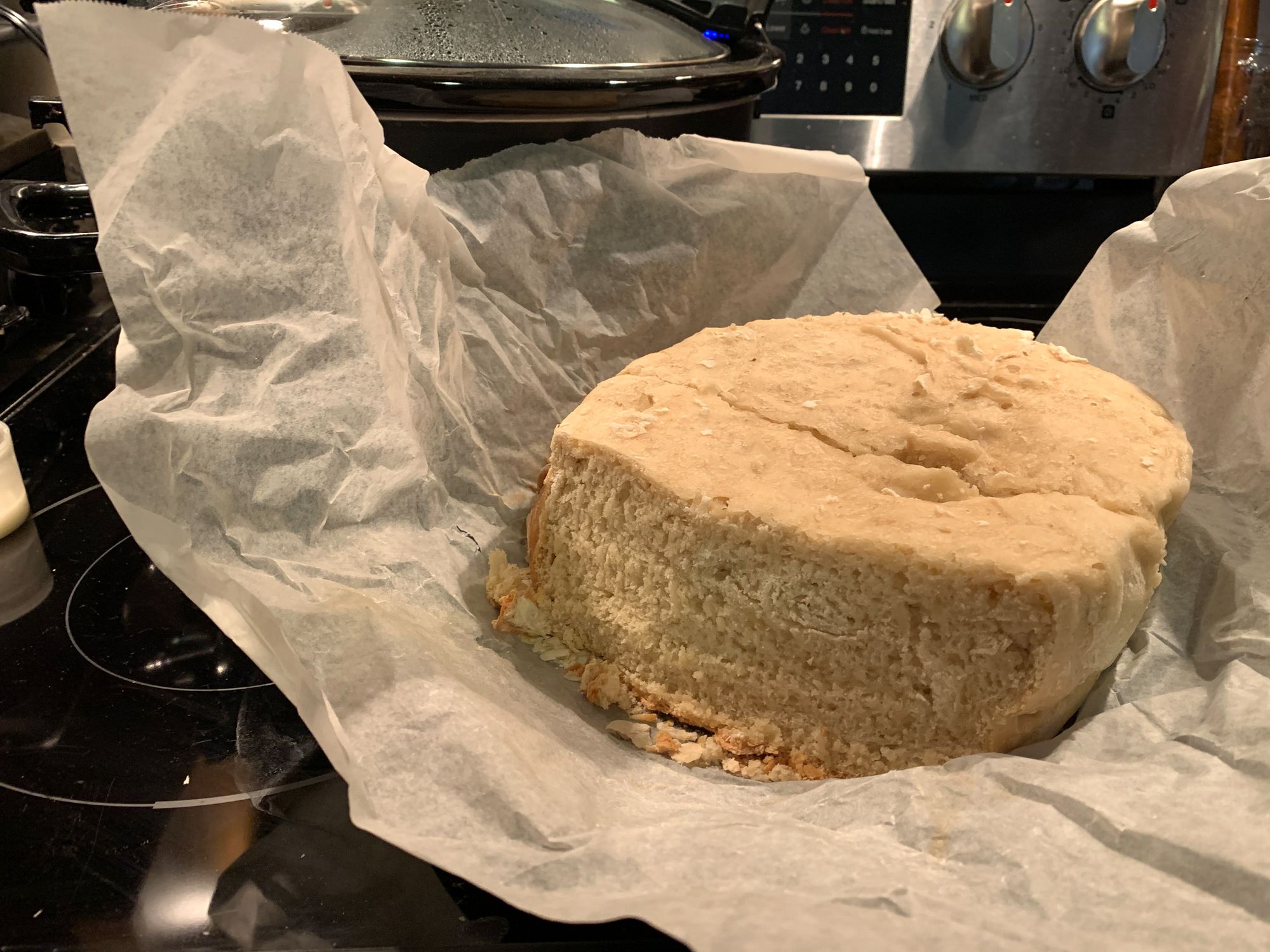 Fresh bread baked at home in a crockpot.