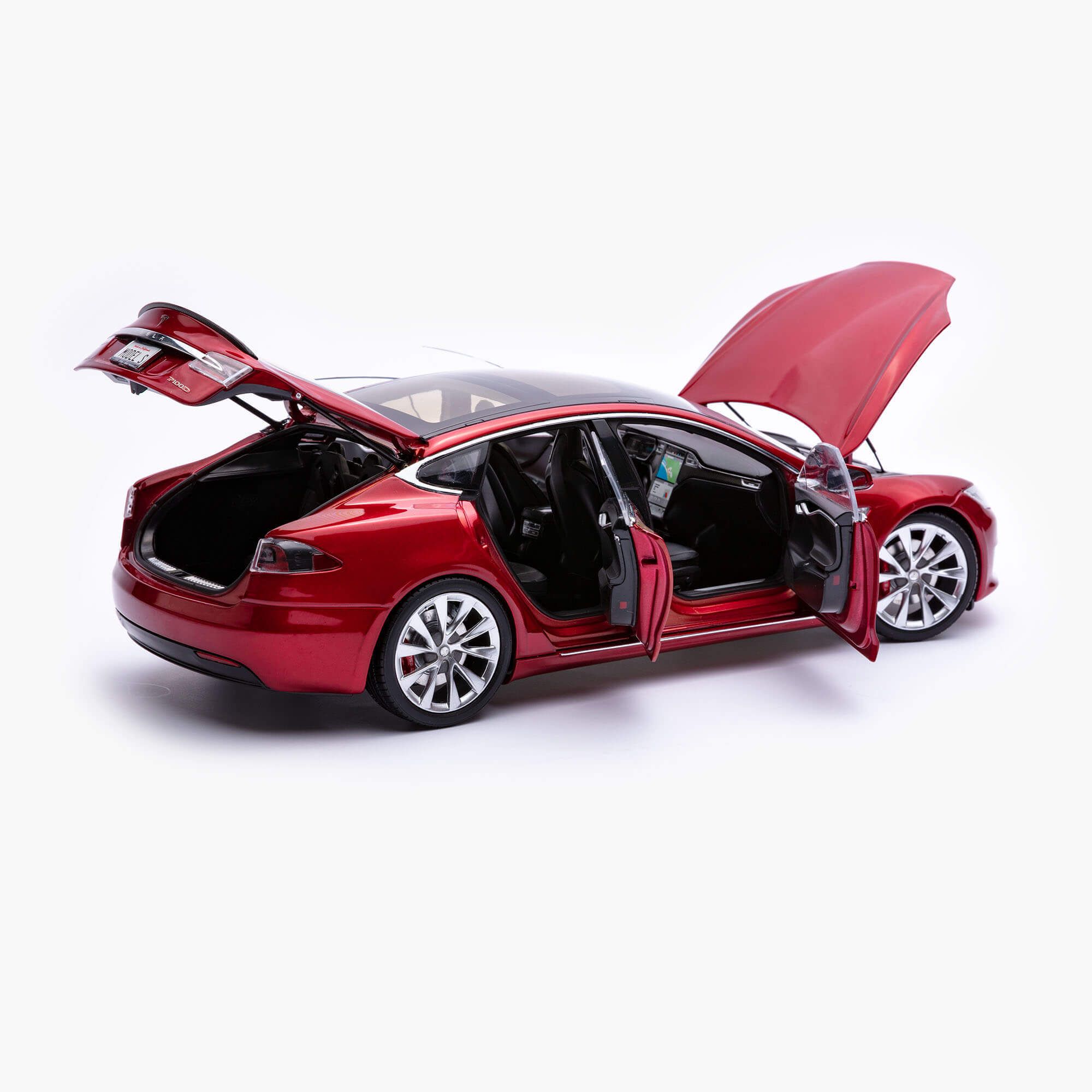 Tesla Diecast 1:18 Scale Model S with all doors, hood, and trunk opened, on a white background