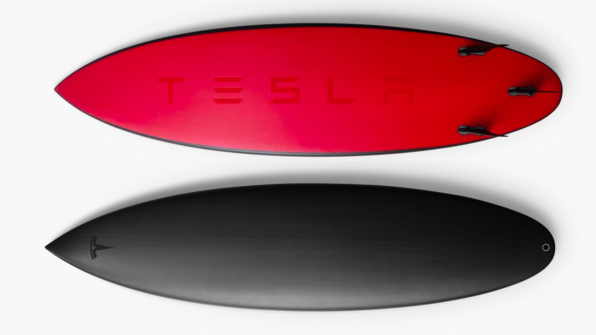 Two Surfboards showcasing both sides of a Tesla Surfboard by Tesla and Matt Biolos of Lost Surfboards on a white background
