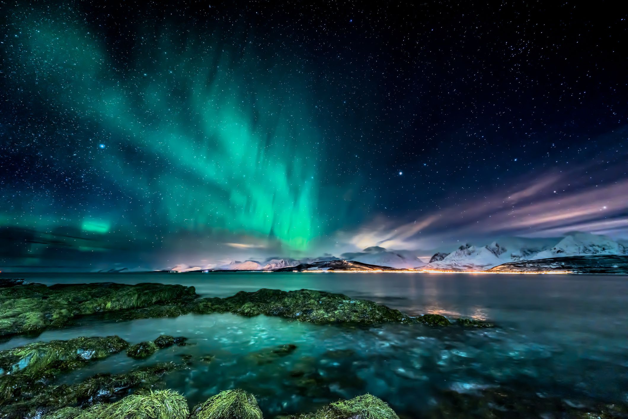 Amazing aurora borealis - northern lights - view from coast in Oldervik, near Tromso city - north Norway