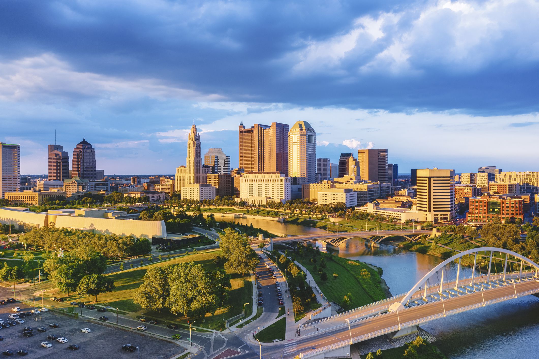 Aerial view of Downtown Columbus Ohio with Scioto river during sunset