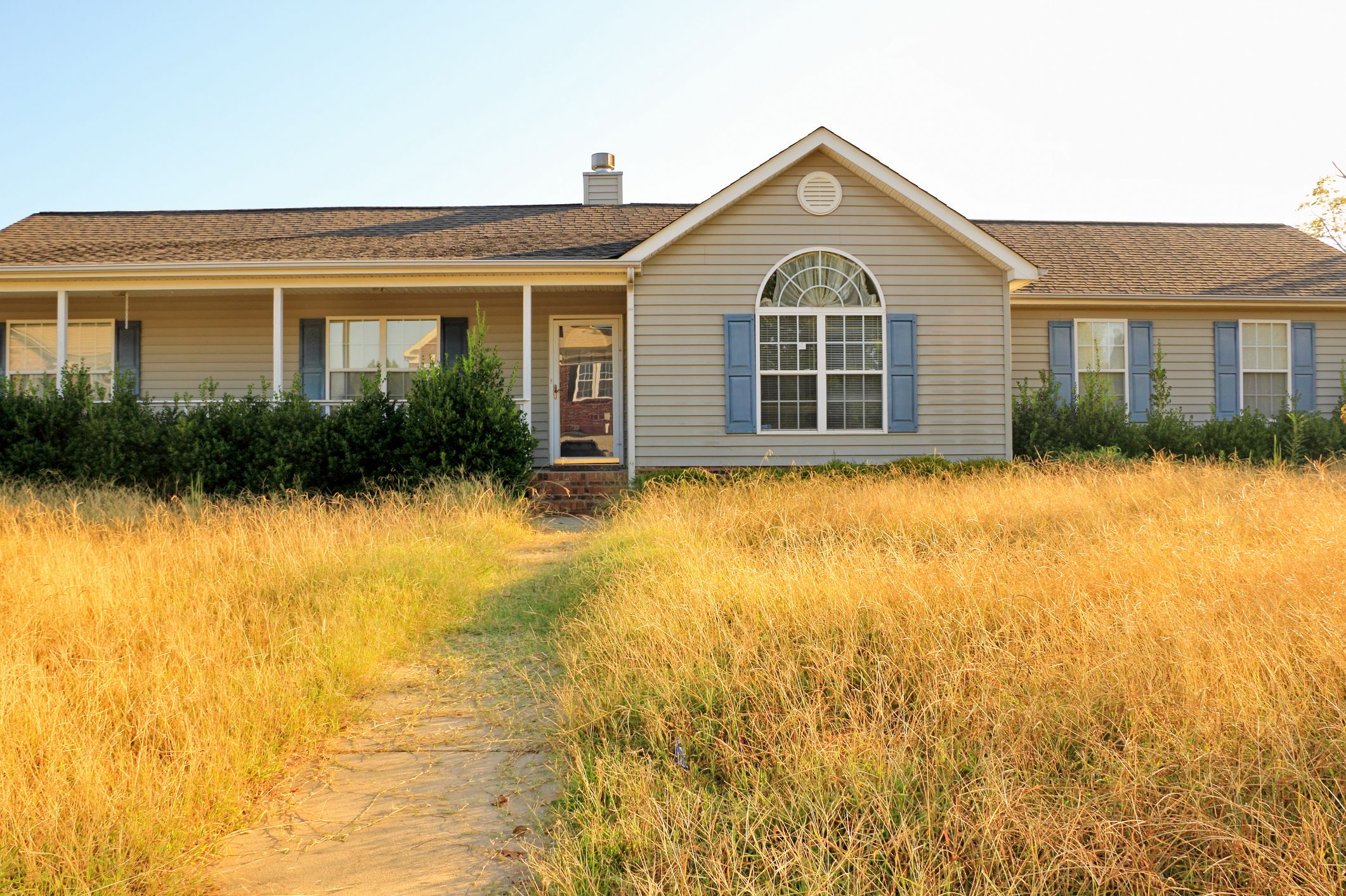 All too common scene of an unkempt, ranch style, home in the foreclosure process in a working class subdivision in the United States, with overgrown yard and bushes making it an eyesore to the neighborhood.