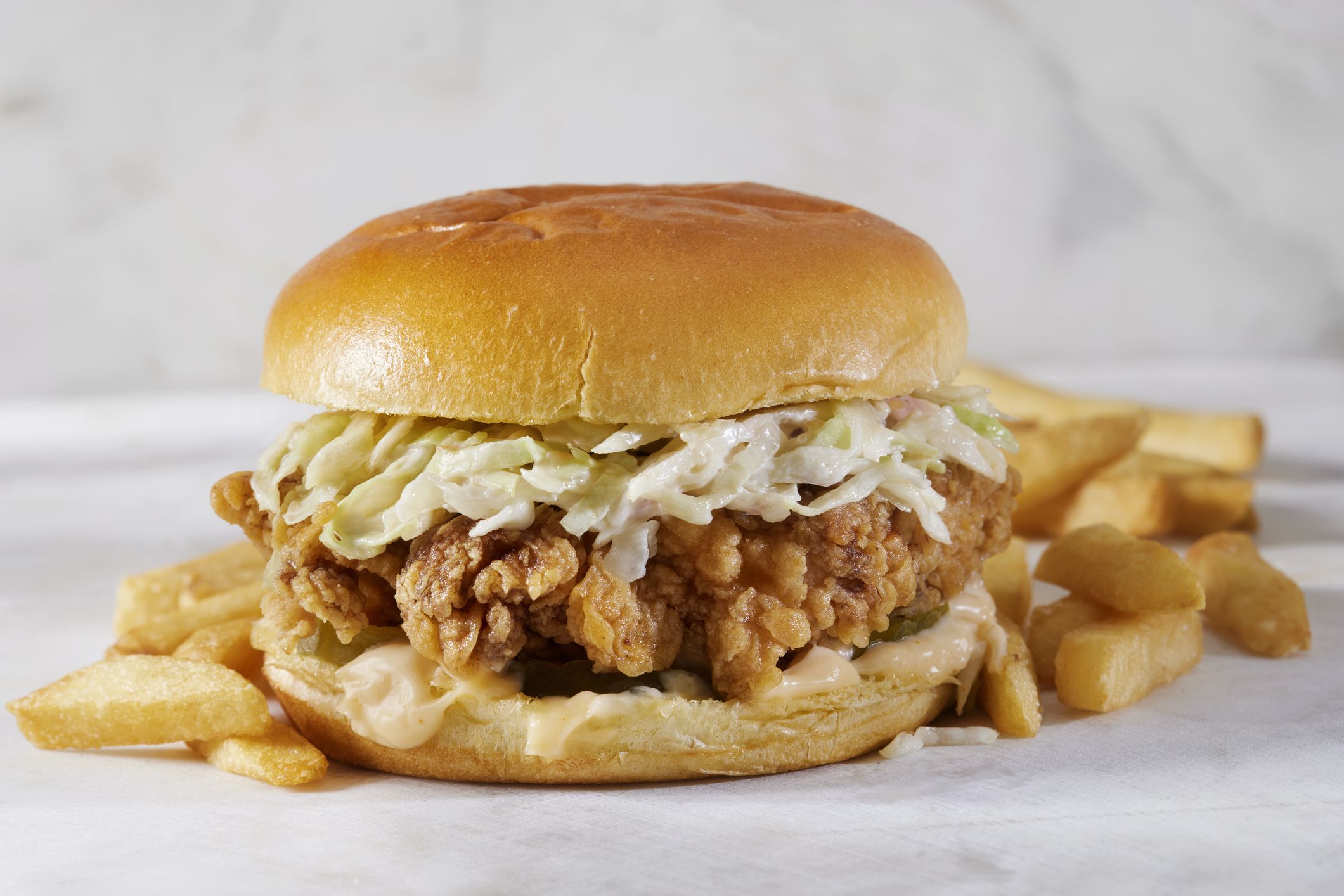 Spicy Crispy Fried Chicken Burger with Lettuce, Mayo and French Fries