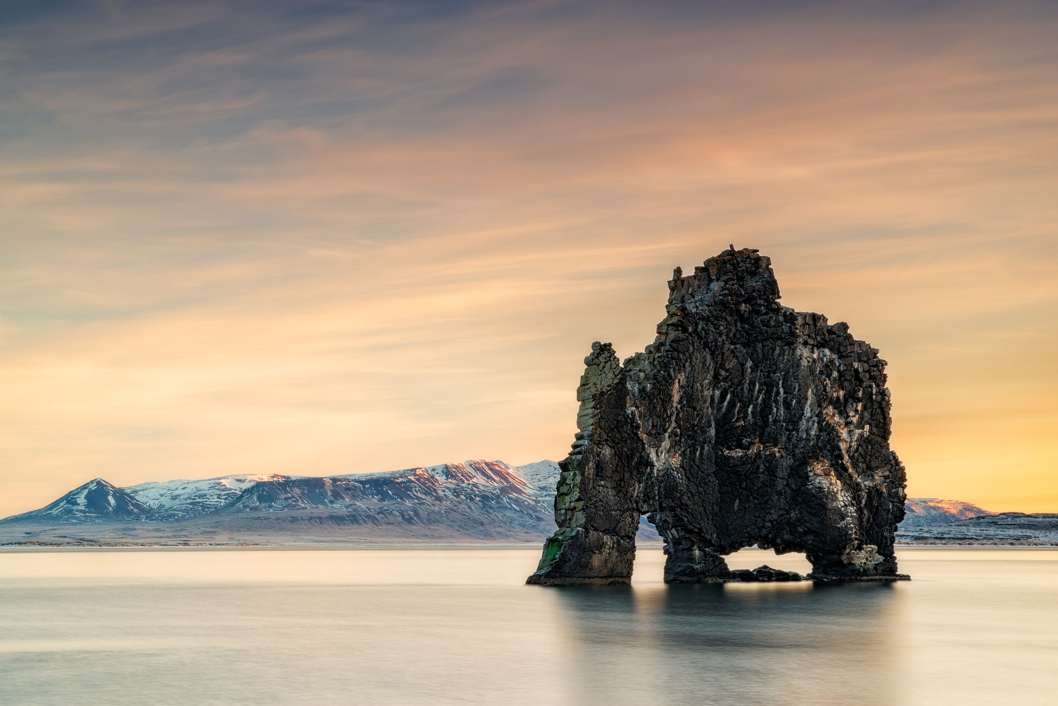 Hvitserkur the famous rock in the ocean in Iceland at sunrise