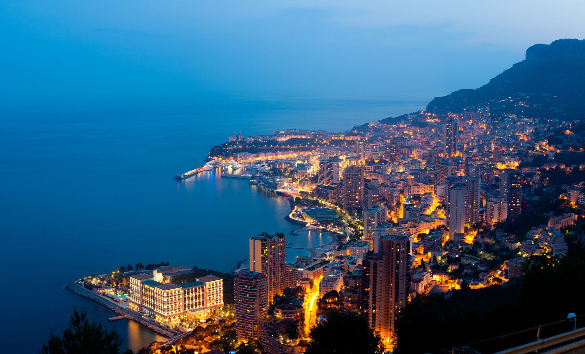 A beautiful view of Monte Carlo (Monaco) at dusk.