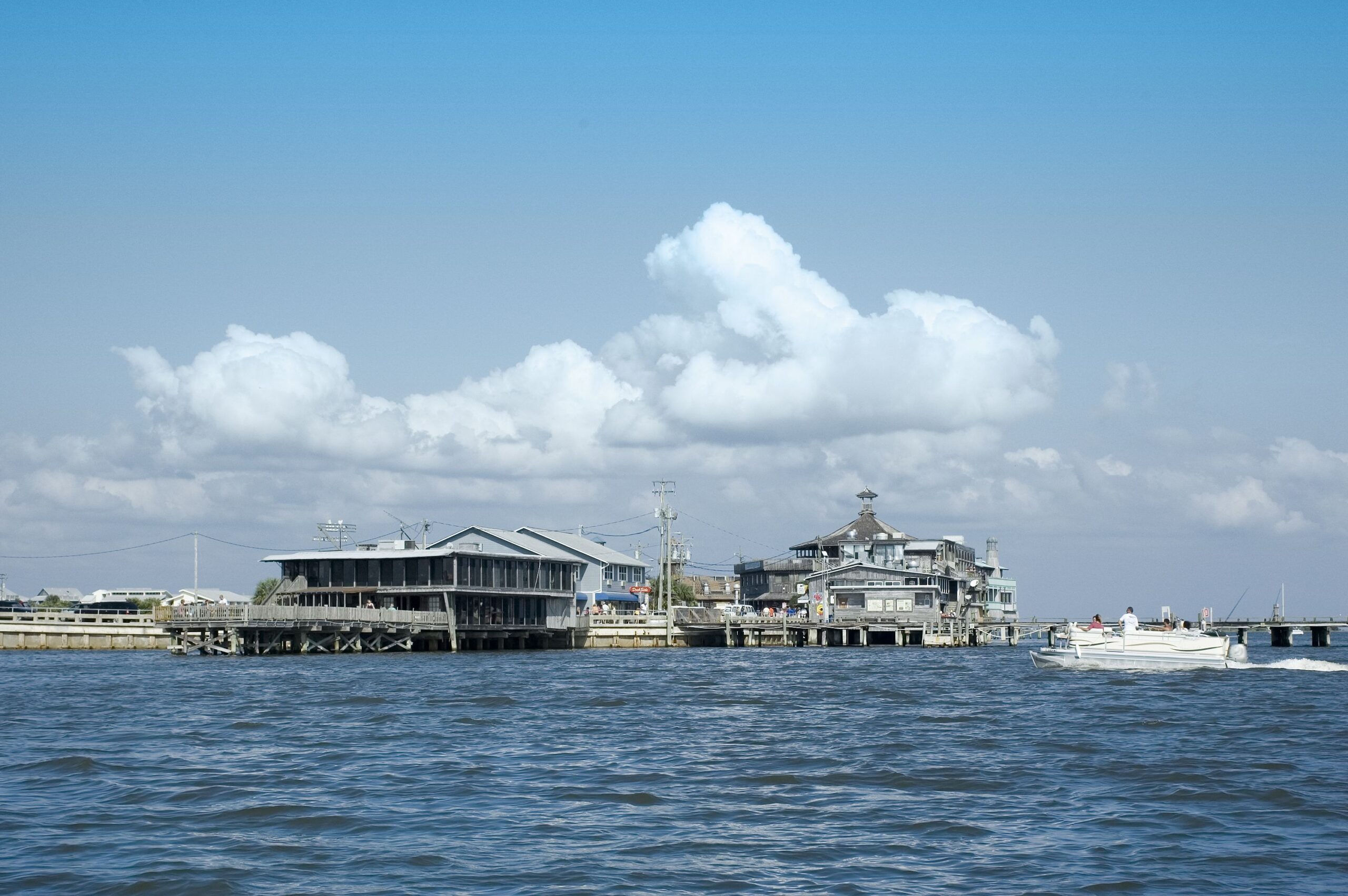The waterfront at Cedar Key, Florida from the channel in the Gulf of Mexico.