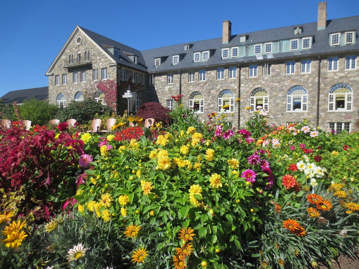 Bright flowers in front of Skytop Lodge on sunny day.