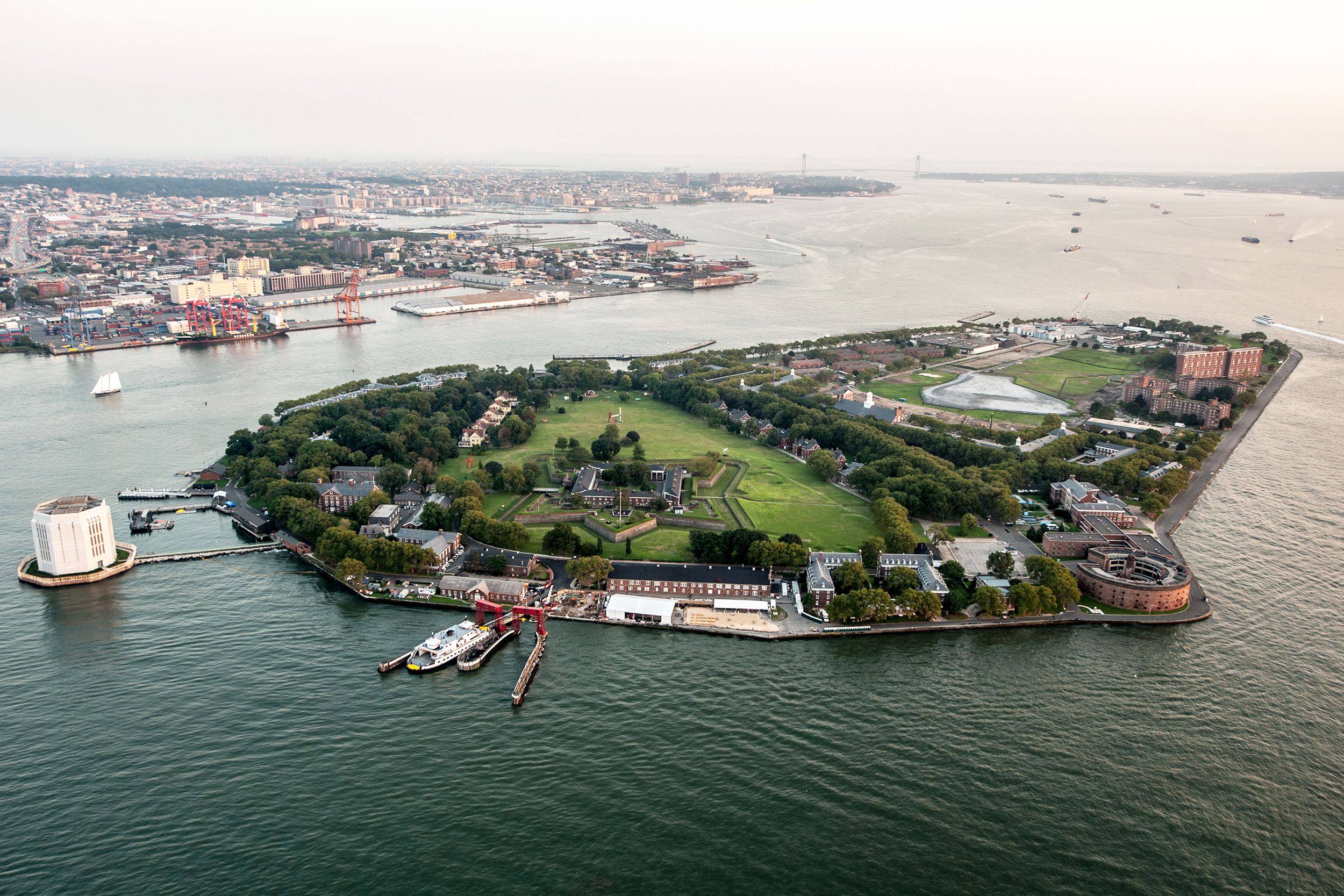 Aerial of Governors Island, Upper New York Bay, New York on a cloudy day
