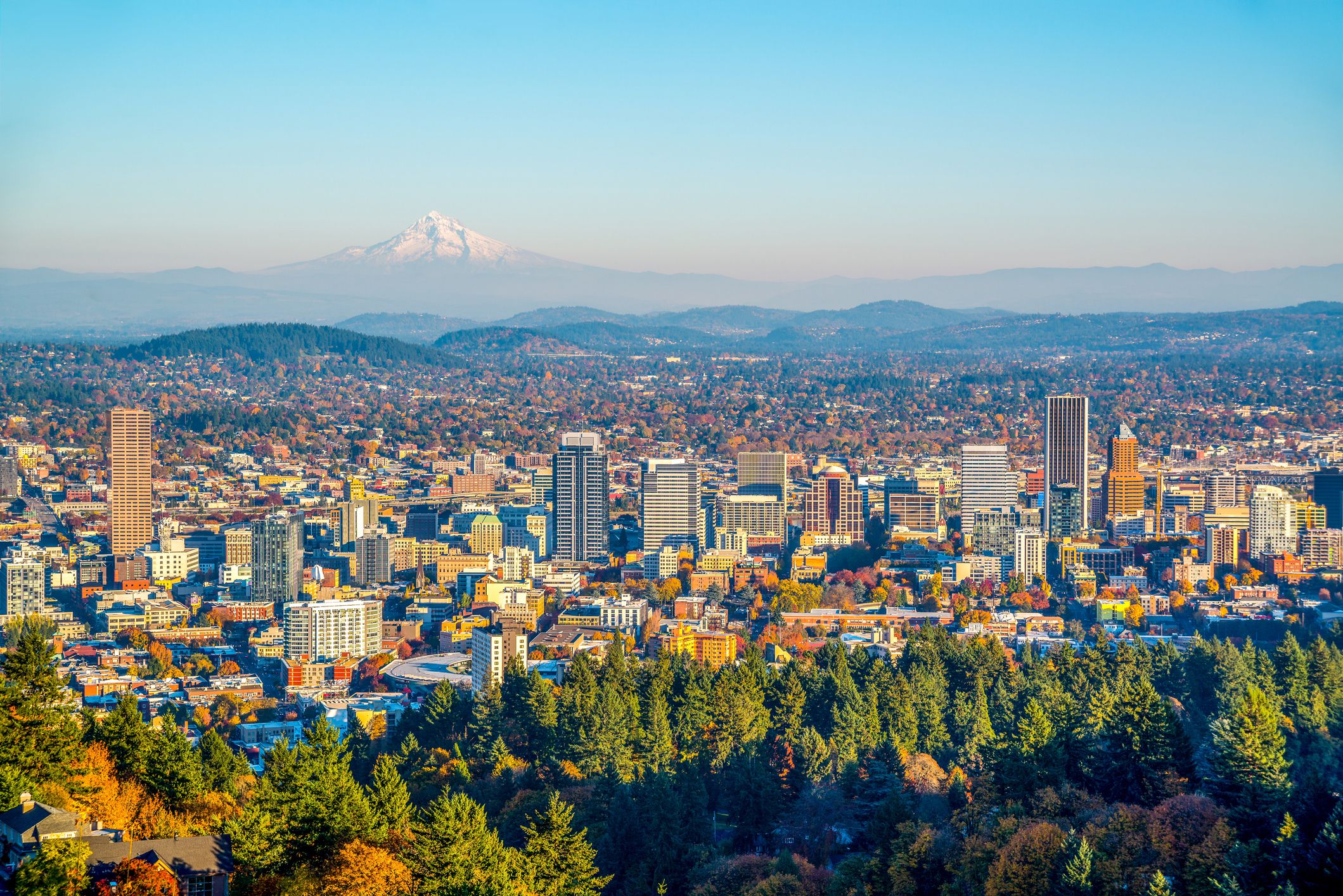 Aerial of Portland, Oregon with mountains and Mount Hood in the distance on a sunny autumn day