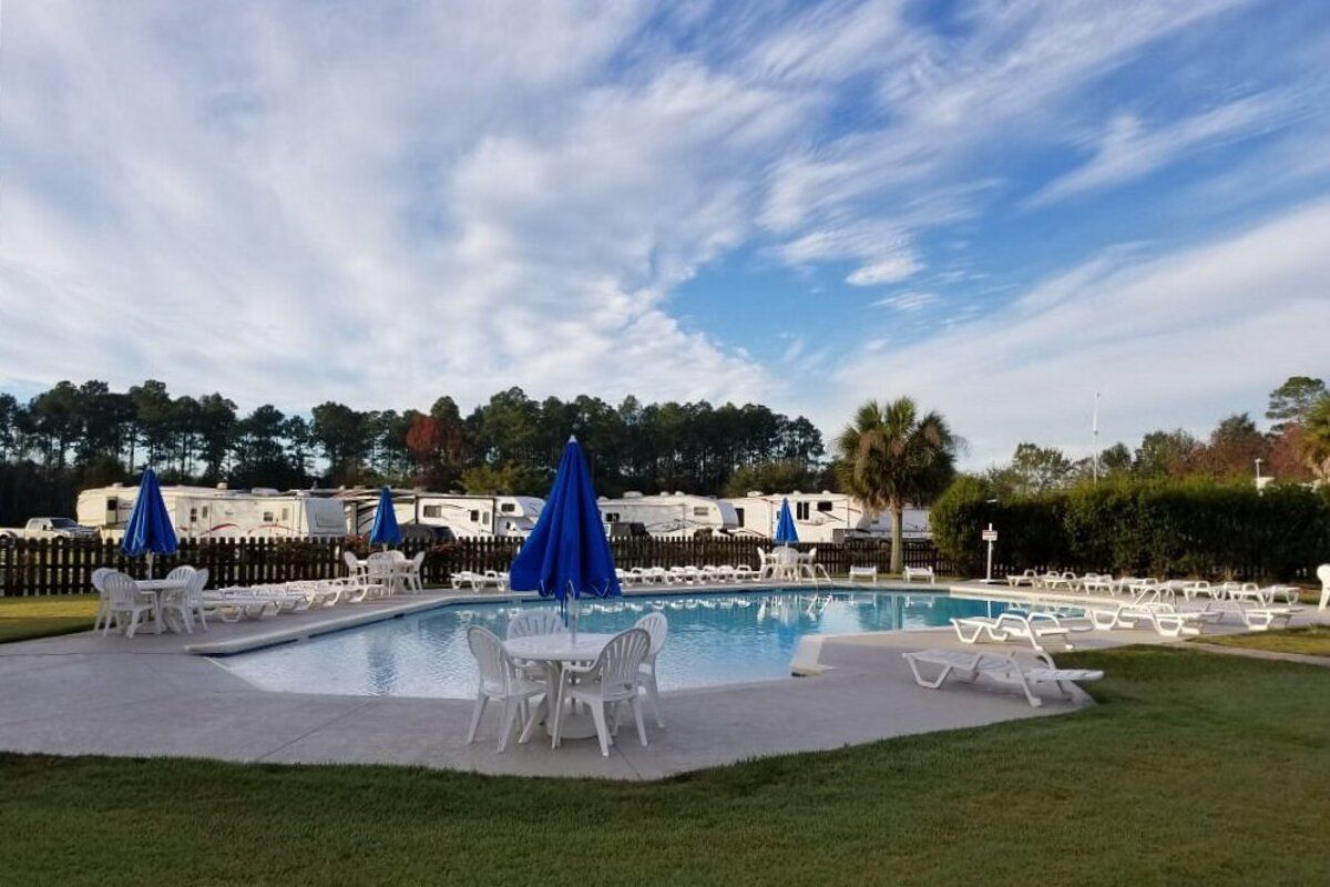 Anchors Aweigh RV Resort, South Foley, Alabama, pool area with RV park in the background