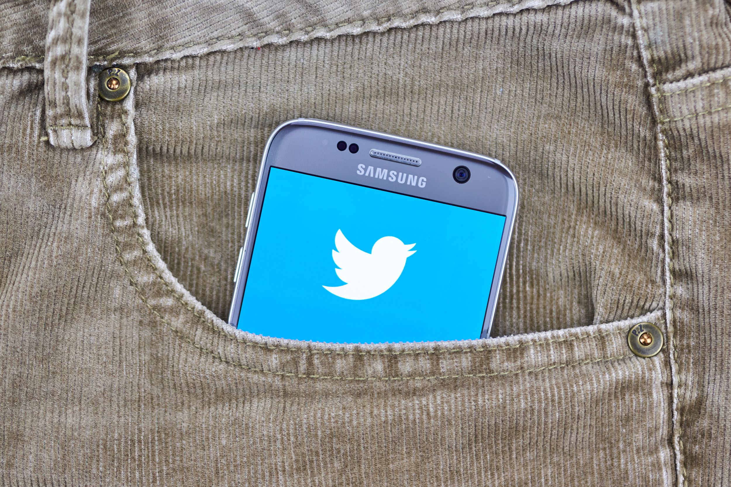 Bird logo on blue of opened Twitter app on a smartphone screen, in a light grey left jeans pocket