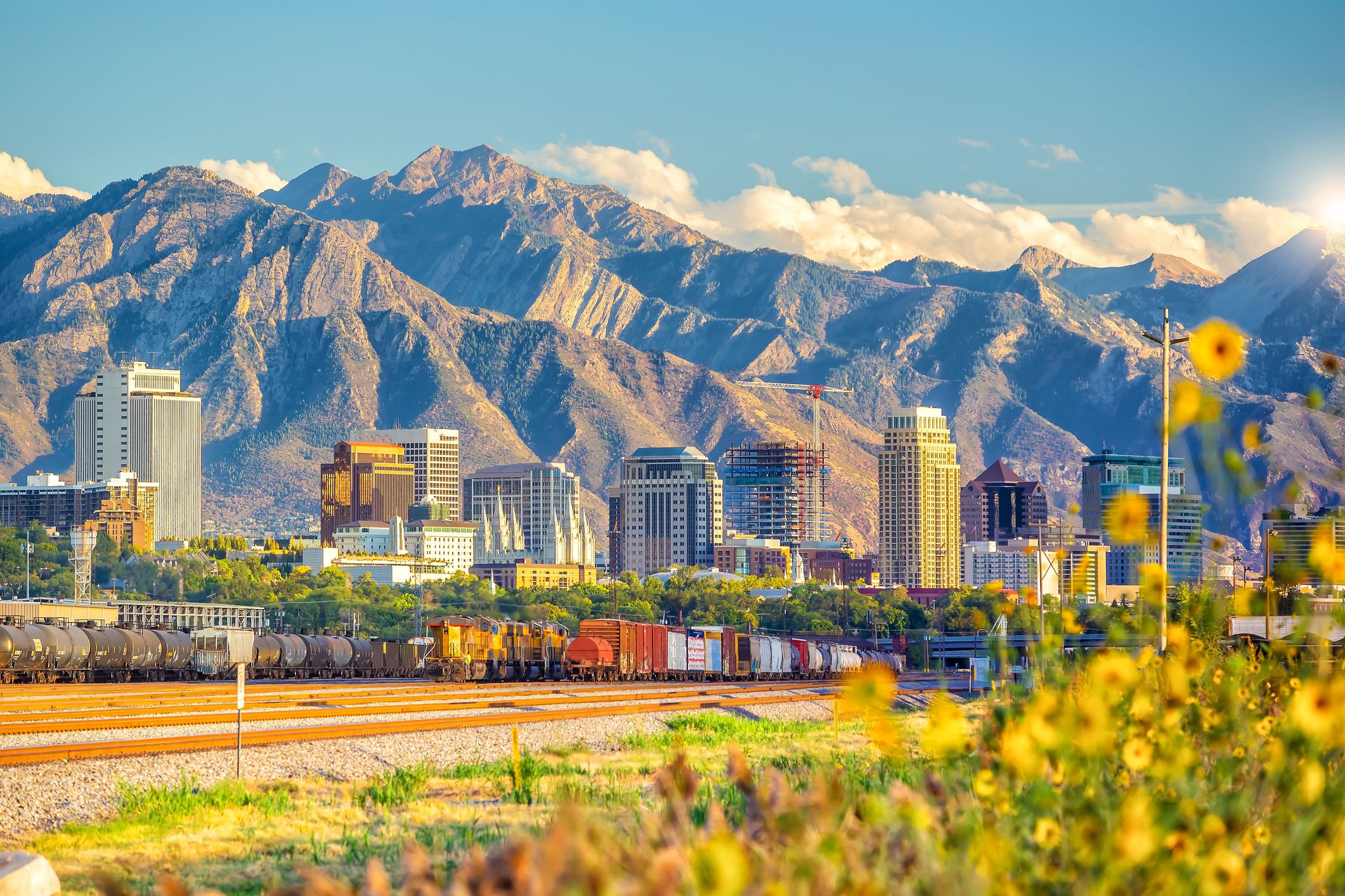 Downtown Salt Lake City cityscape as seen from across the train tracks with mountains in the background during summer, framed by yellow mountain wildflowers along the bottom and right side